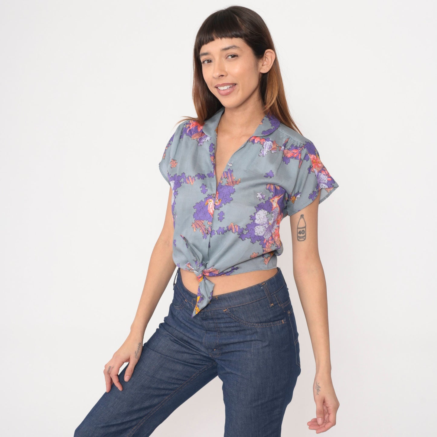 80s Tropical Bird Puzzle Pieces Tie Waist Shirt Grey Purple Rayon Small
