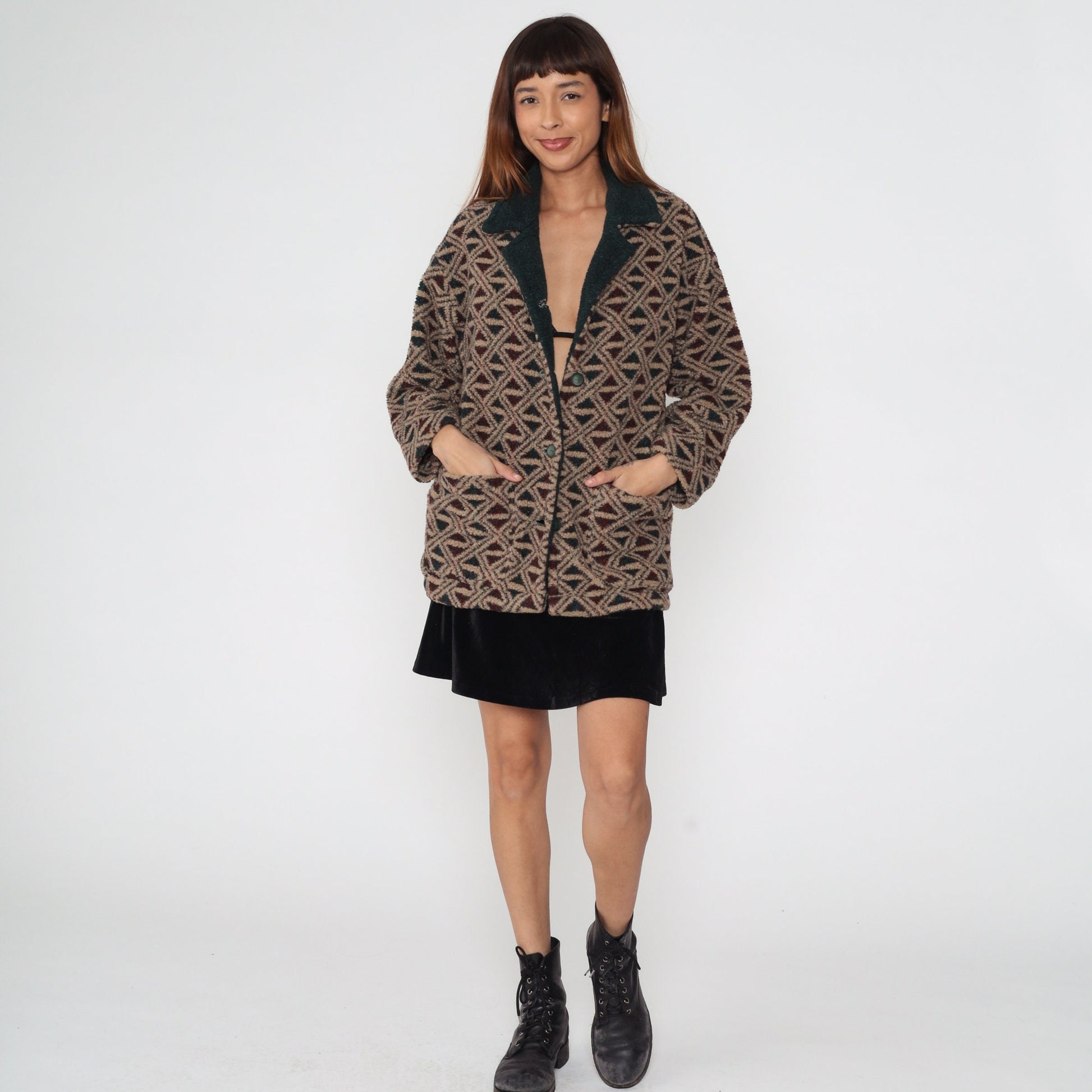 90s Fleece Jacket Abstract Geometric Print Button-Up Tan Green Medium M