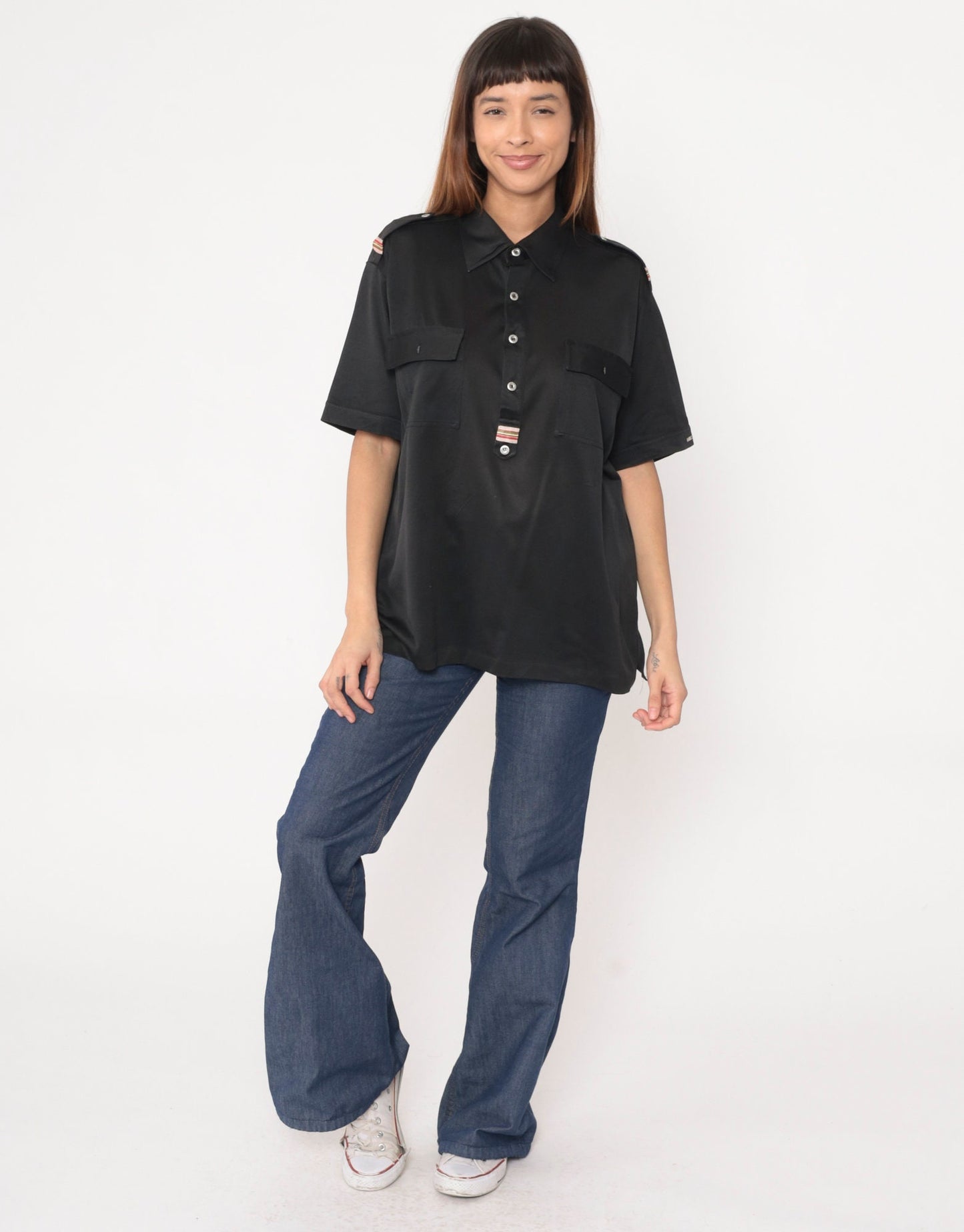 70s Black Polo Shirt Shoulder Epaulette Quarter Button Collar Large