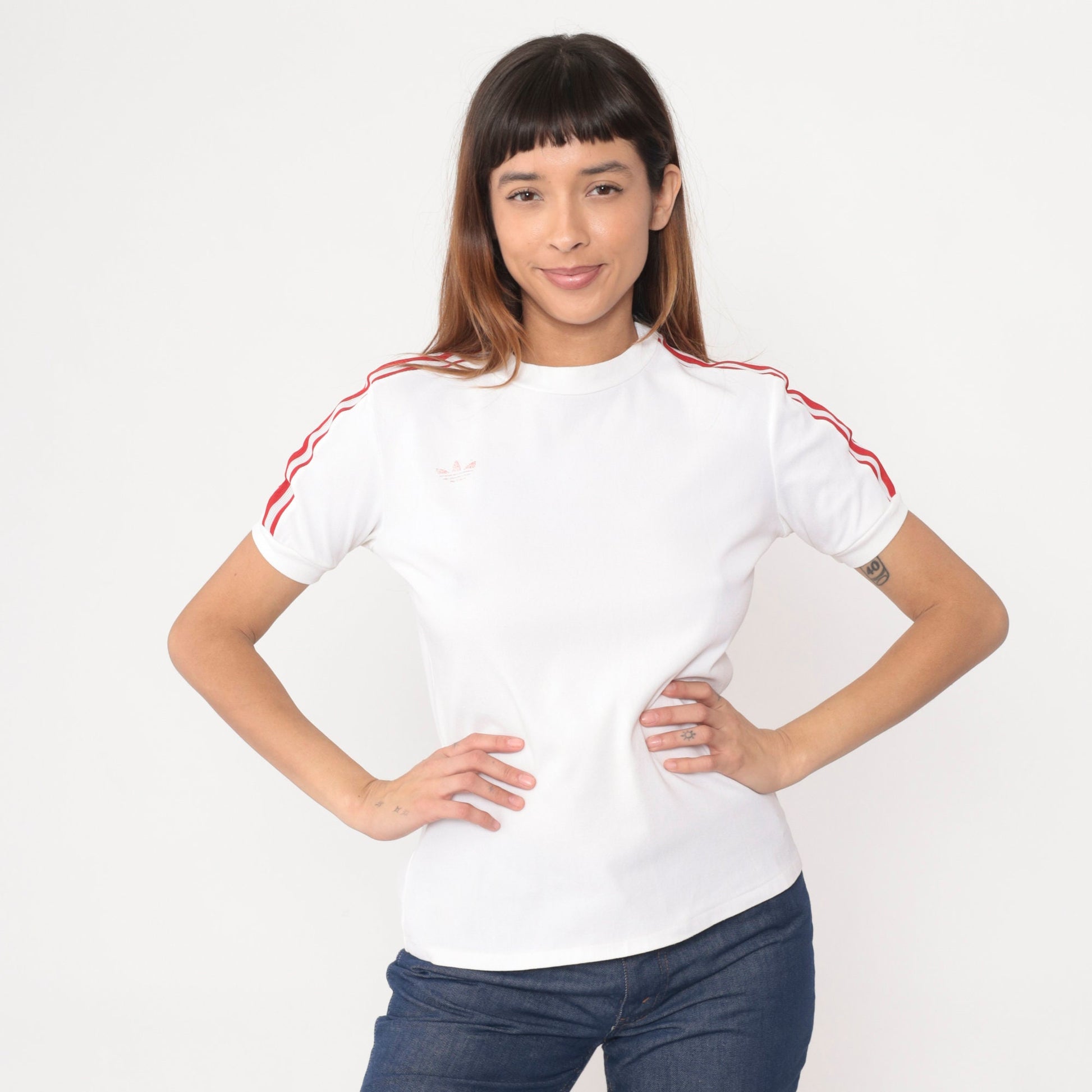 80s Adidas Trefoil Ringer T-Shirt White Nylon Red Stripes Medium