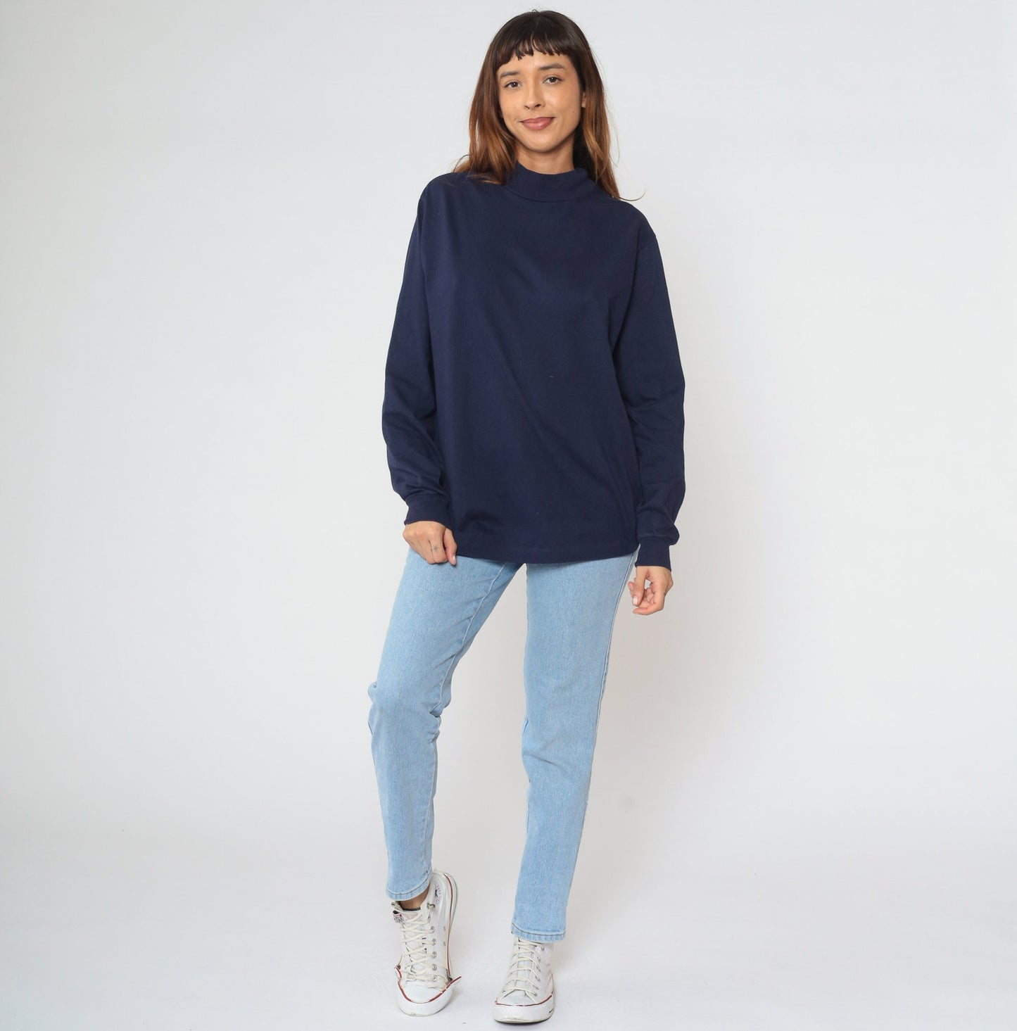90s Navy Mock Neck Long Sleeve Cotton Tee Large L