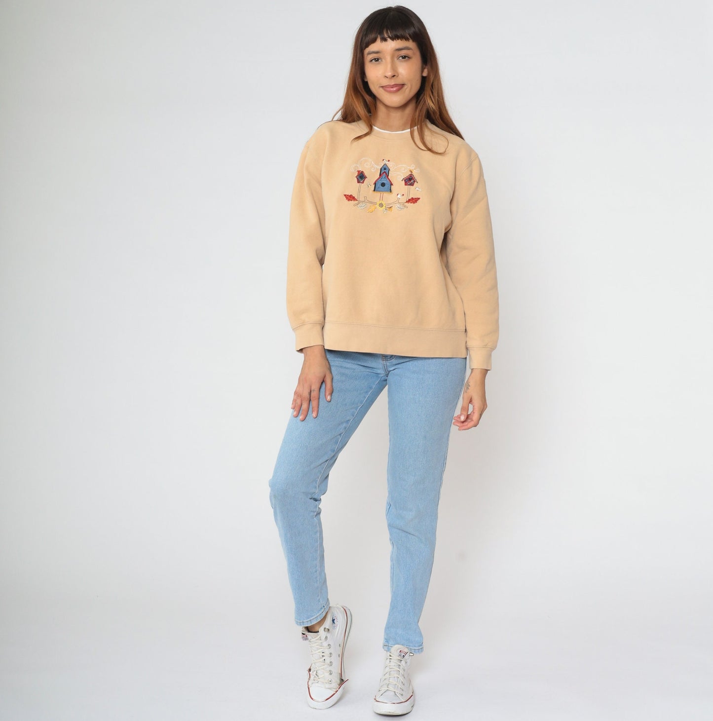 90s Birdhouse Embroidered Sweatshirt Tan Crewneck Large L