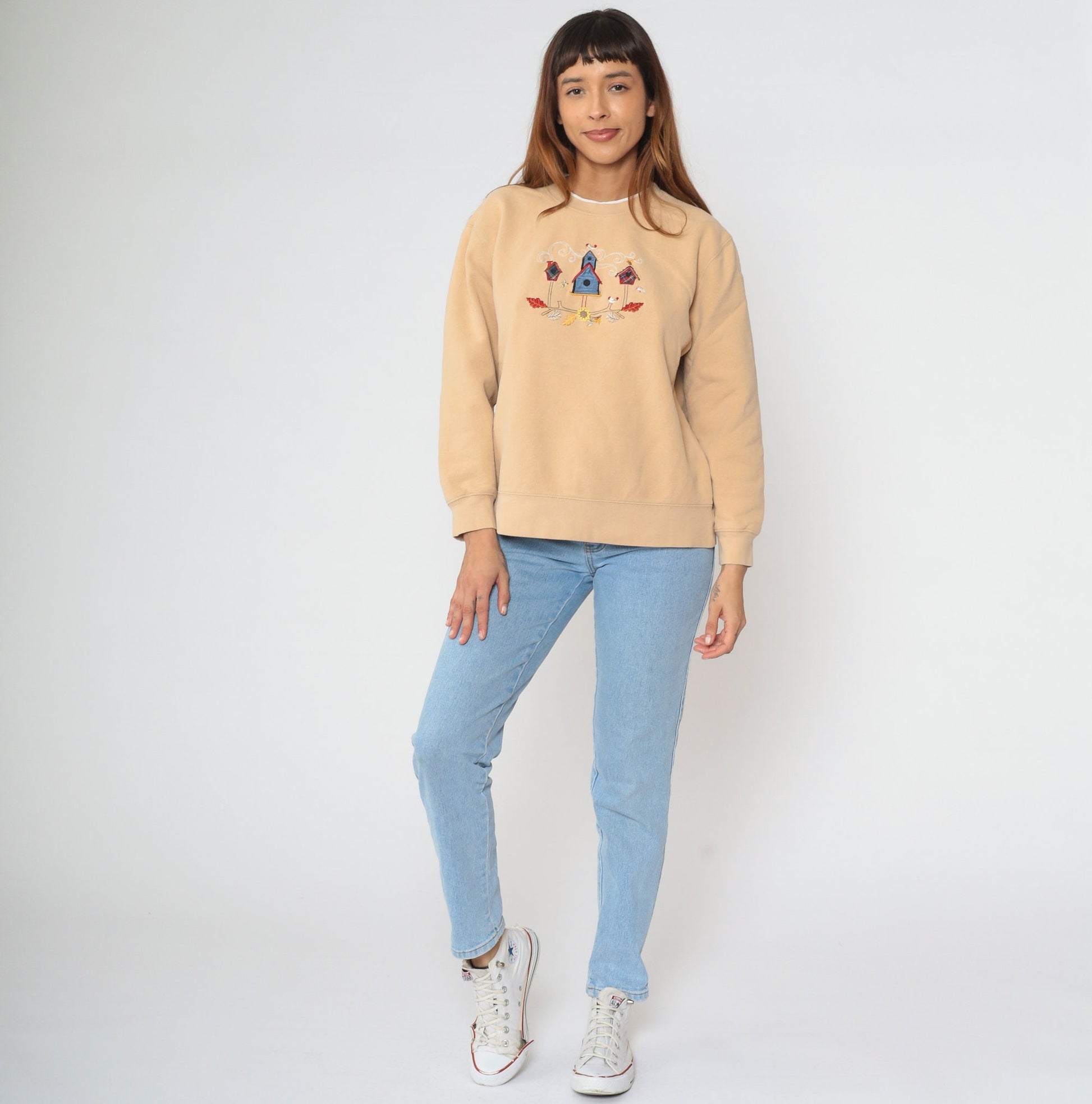 90s Birdhouse Embroidered Sweatshirt Tan Crewneck Large L