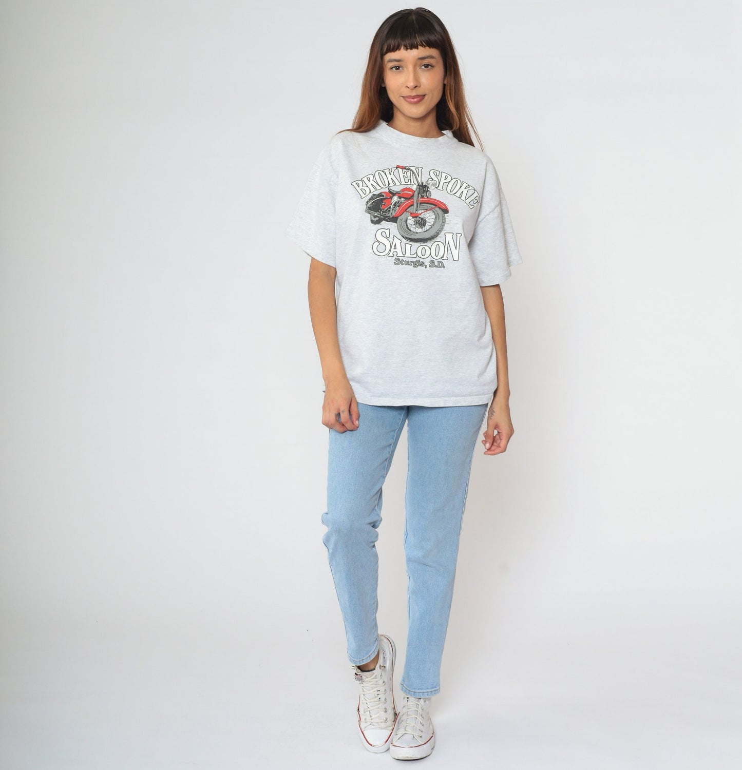 90s Sturgis Motorcycle Rally Broken Spoke Saloon Graphic Tee Grey Cotton Large