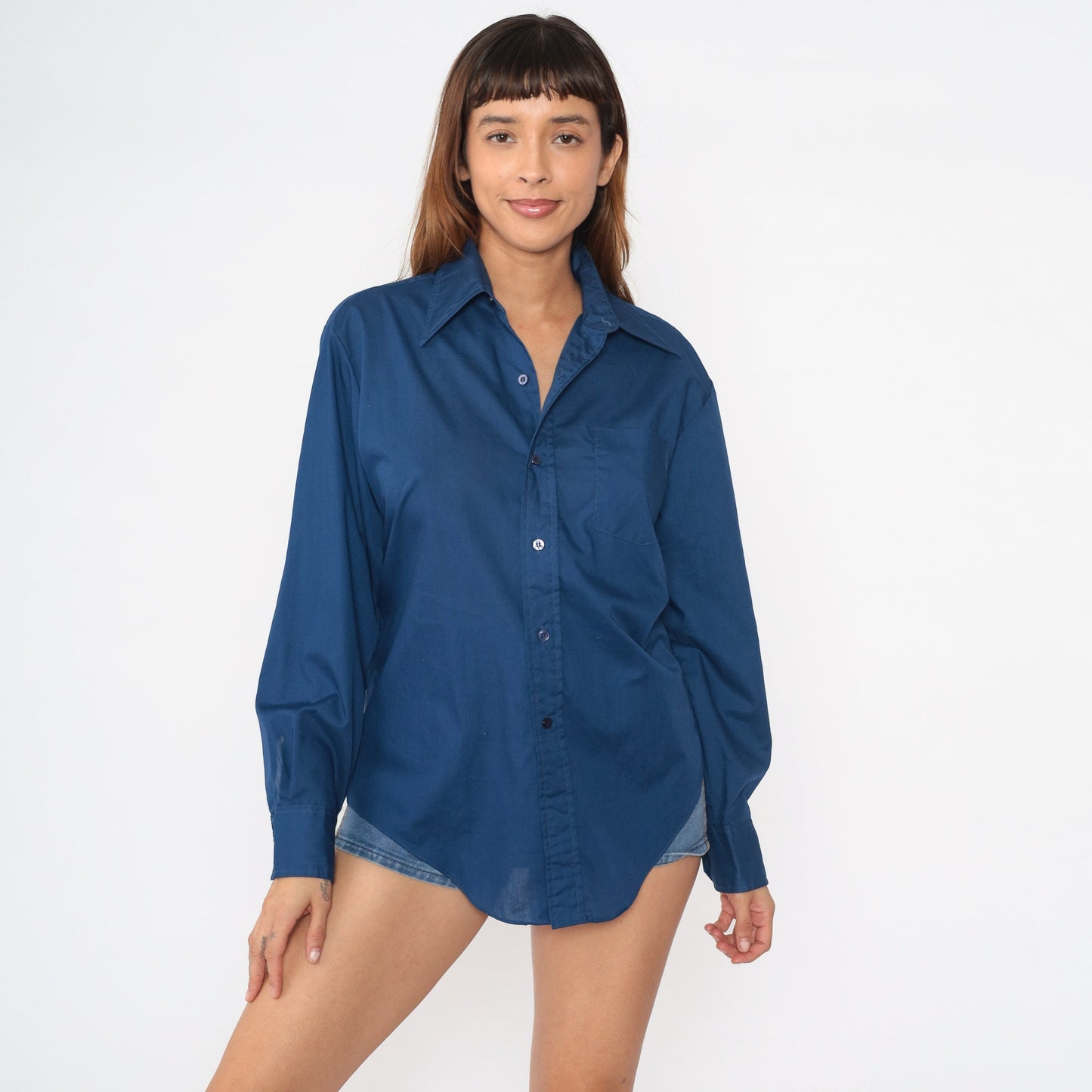 70s Navy Blue Cotton Button-Up Shirt Pointed Collar Long Sleeve Medium