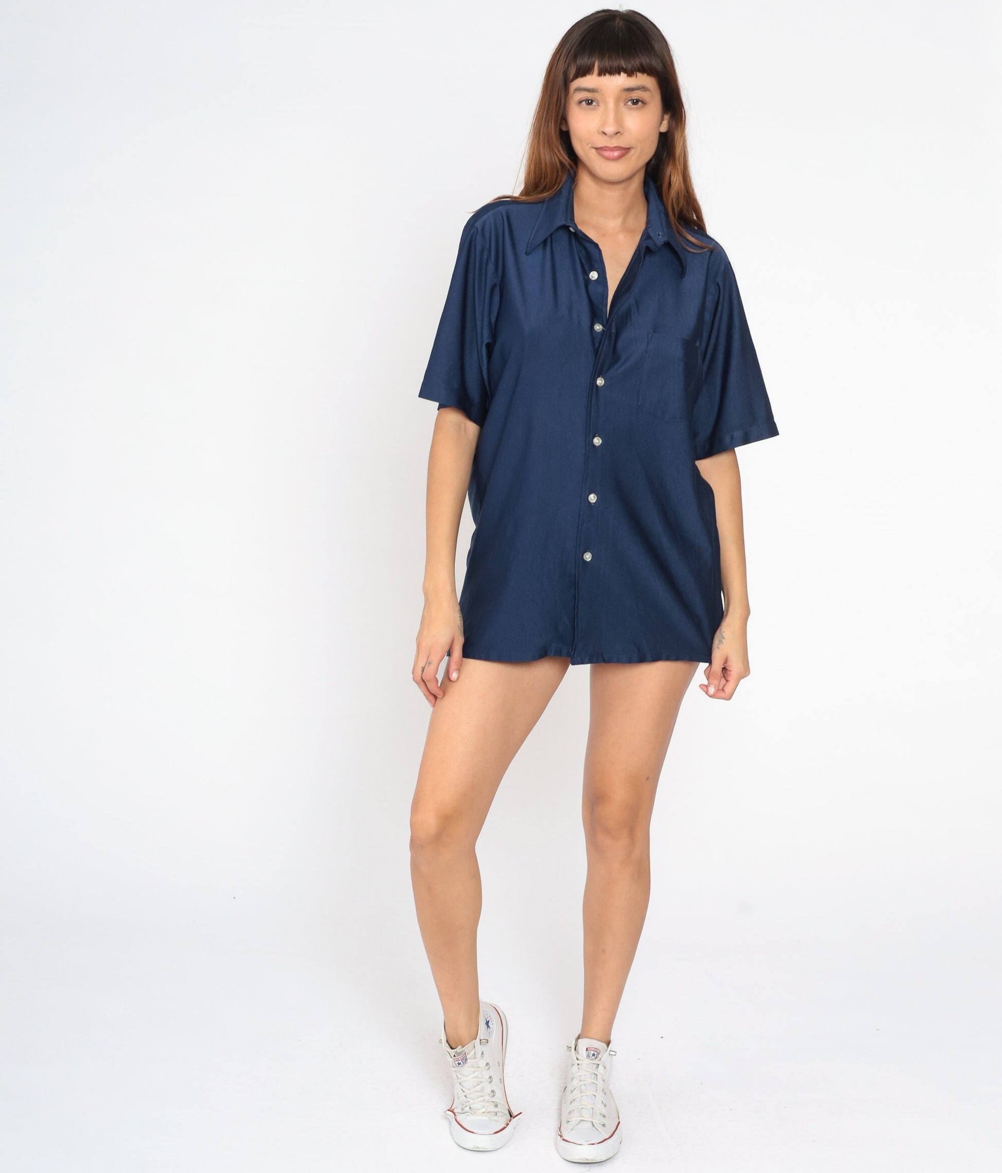 70s Navy Button-Up Shirt Dagger Collar Shiny Disco Short Sleeve Large