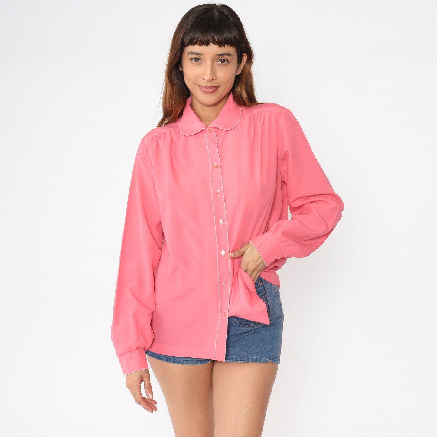 70s Pink Peter Pan Collar Blouse Long Sleeve Button Up Large L