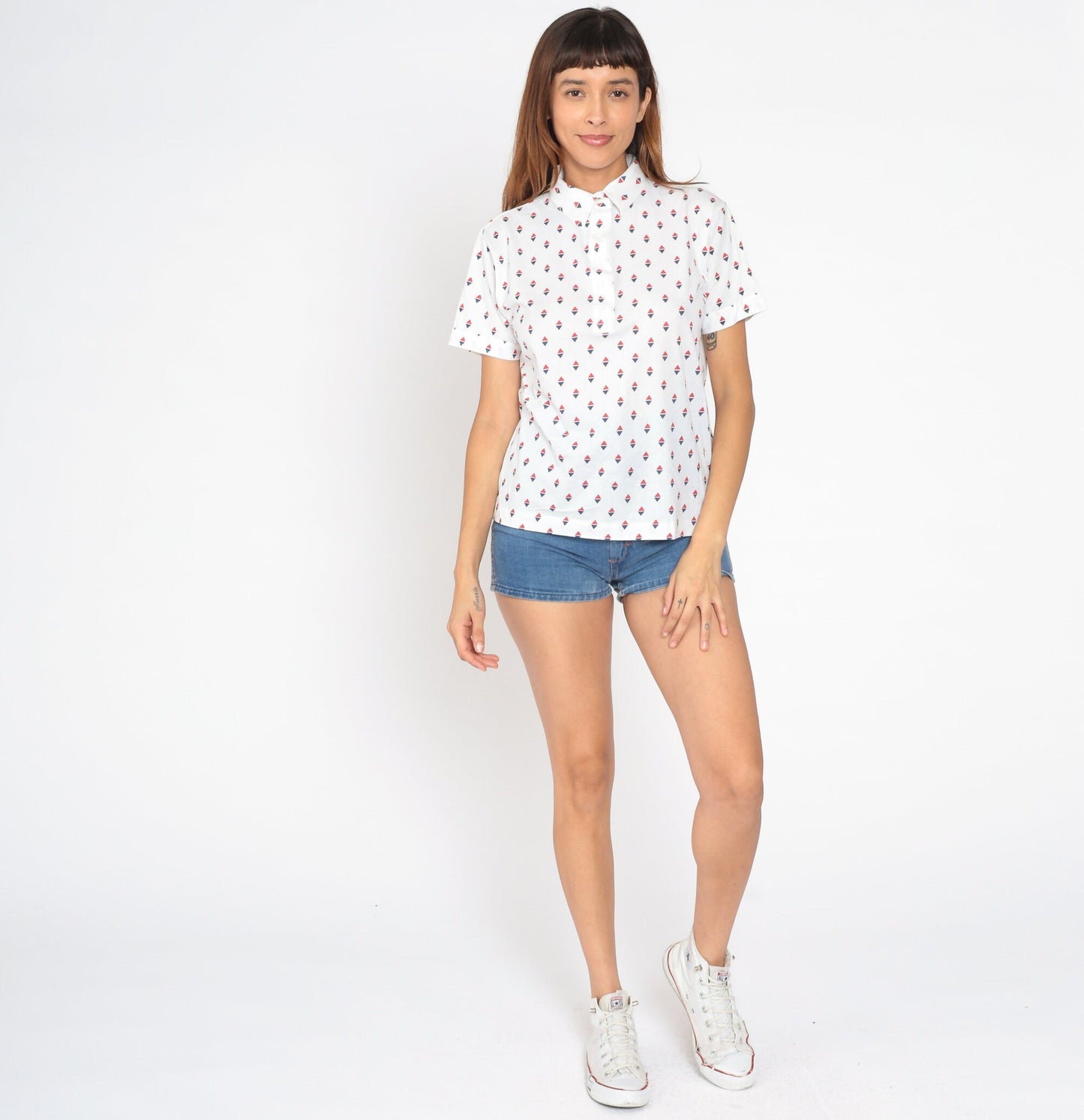 80s Par Four Golf Polo Shirt White Geometric Quarter Button Medium