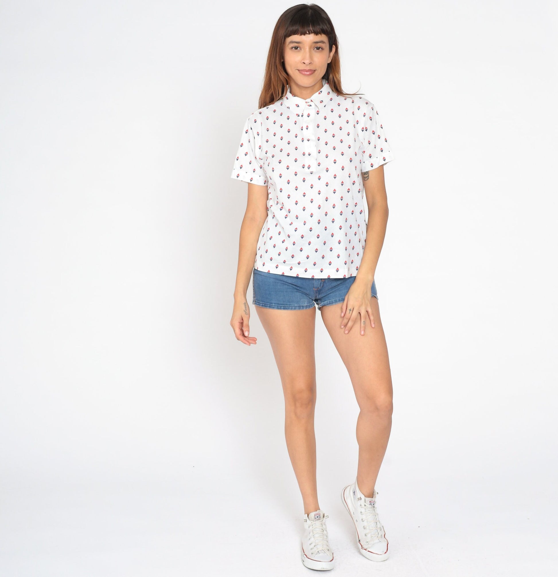 80s Par Four Golf Polo Shirt White Geometric Quarter Button Medium