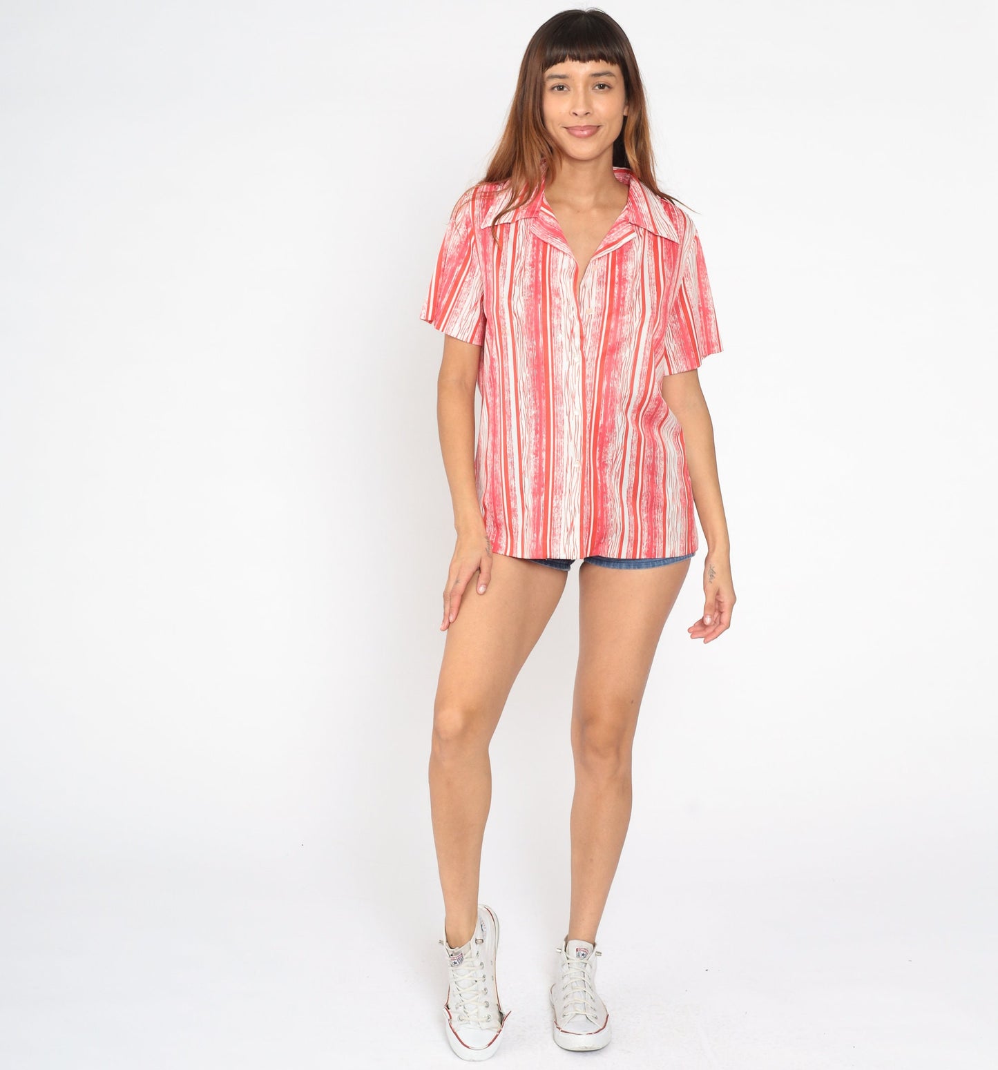 70s Graff Striped Button-Up Blouse Coral Red Orange White Short Sleeve Large
