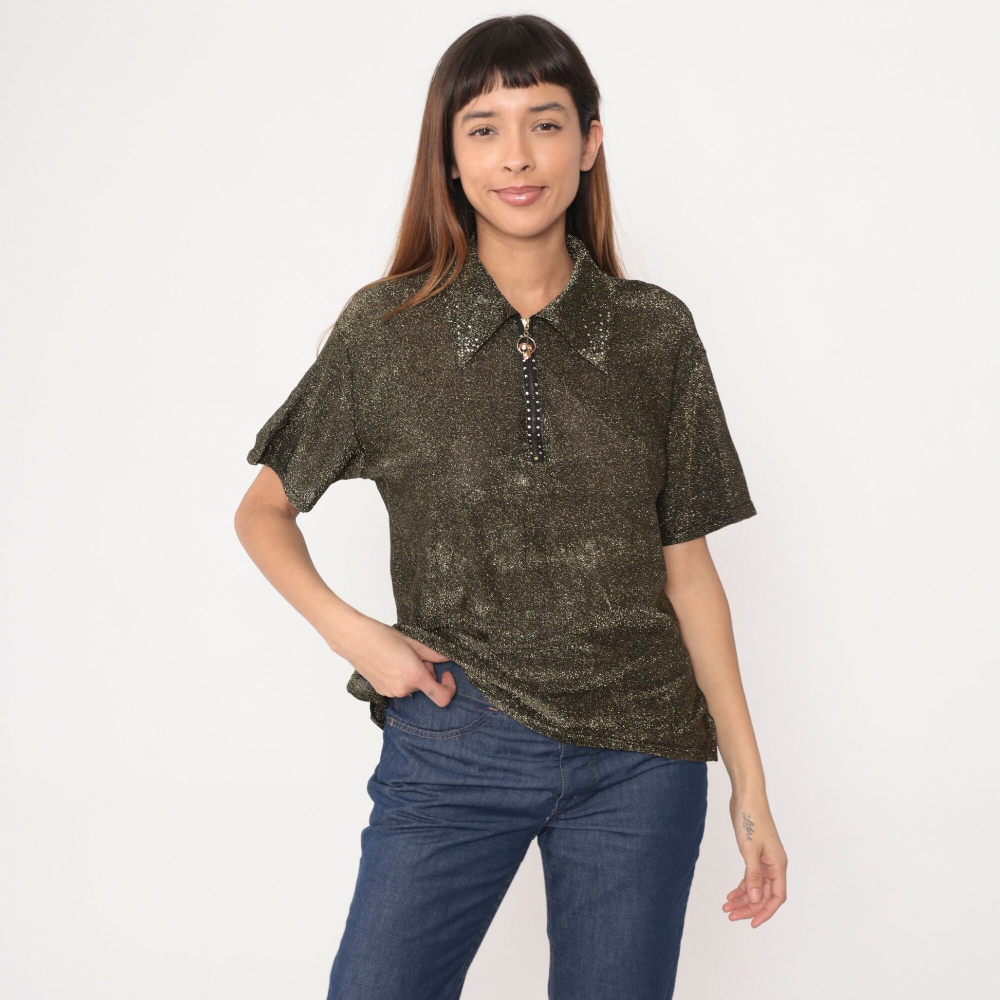 80s Gold Metallic Blouse Rhinestone Zipper Collared Short Sleeve Large L