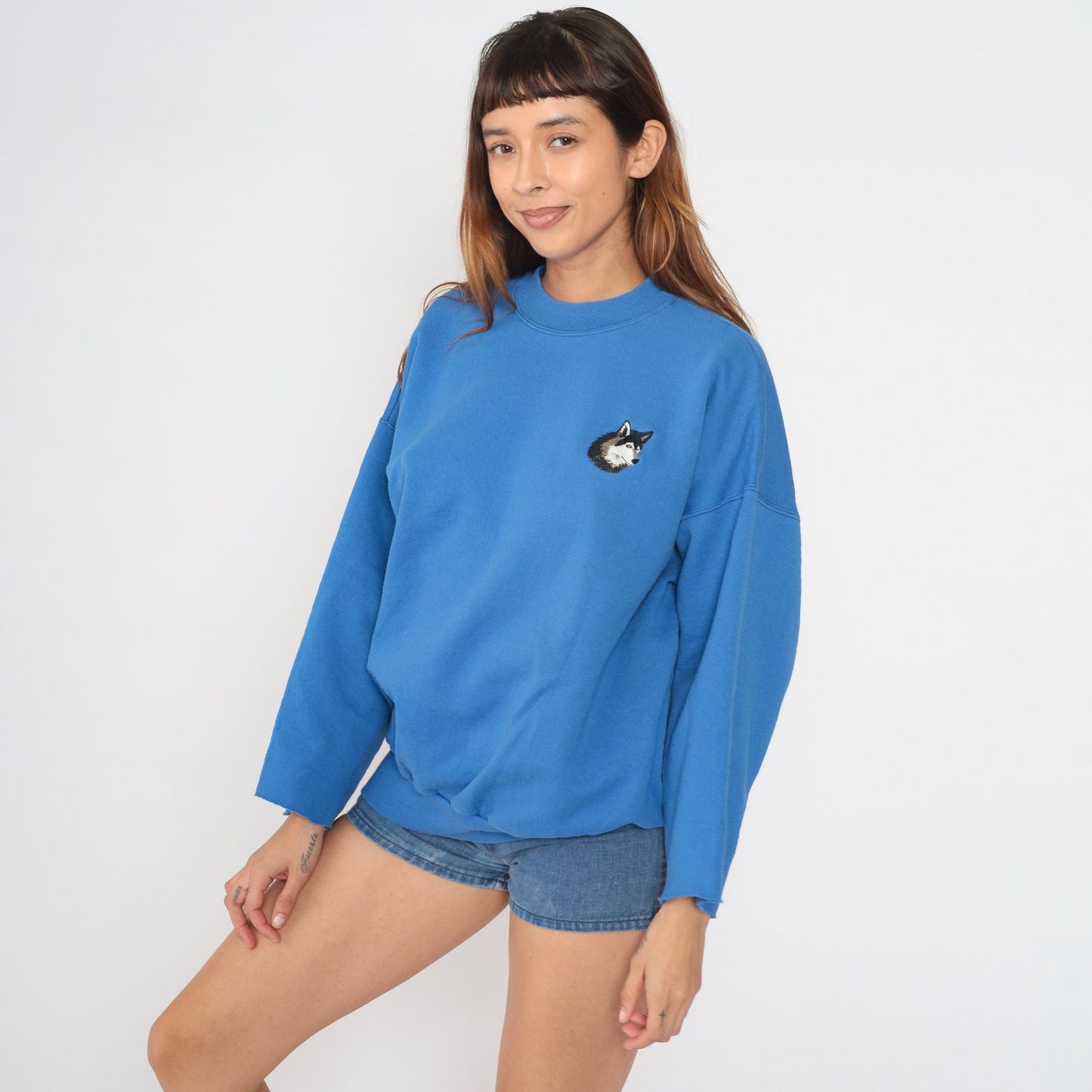 90s Blue Wolf Embroidered Sweatshirt Cutoff Crewneck Plus Size XXL