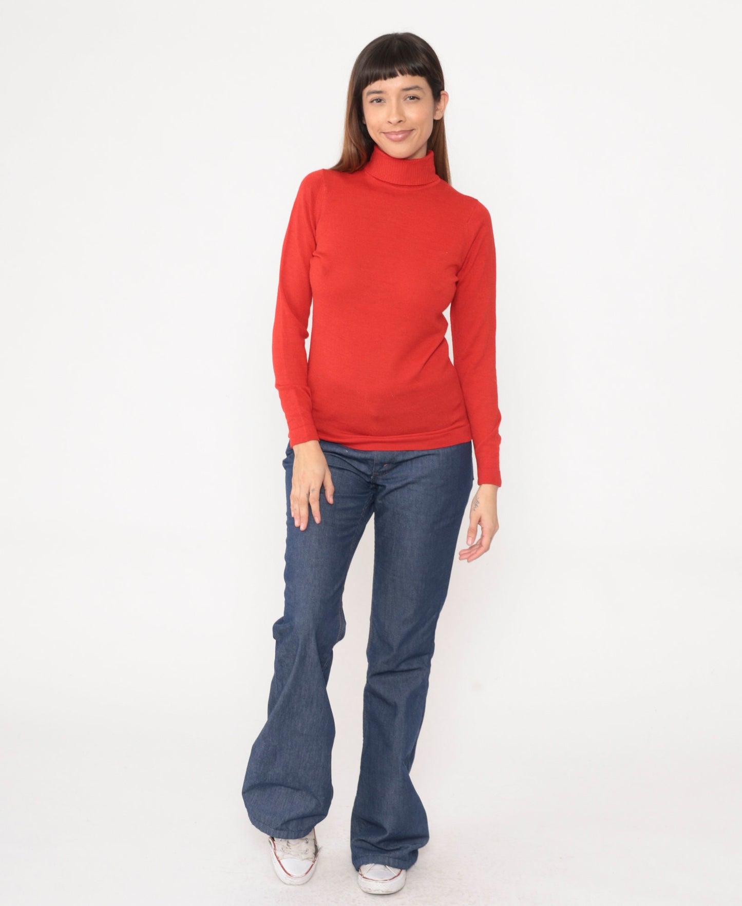 70s Red Wool Blend Turtleneck Sweater Long Sleeve Ribbed Knit Small