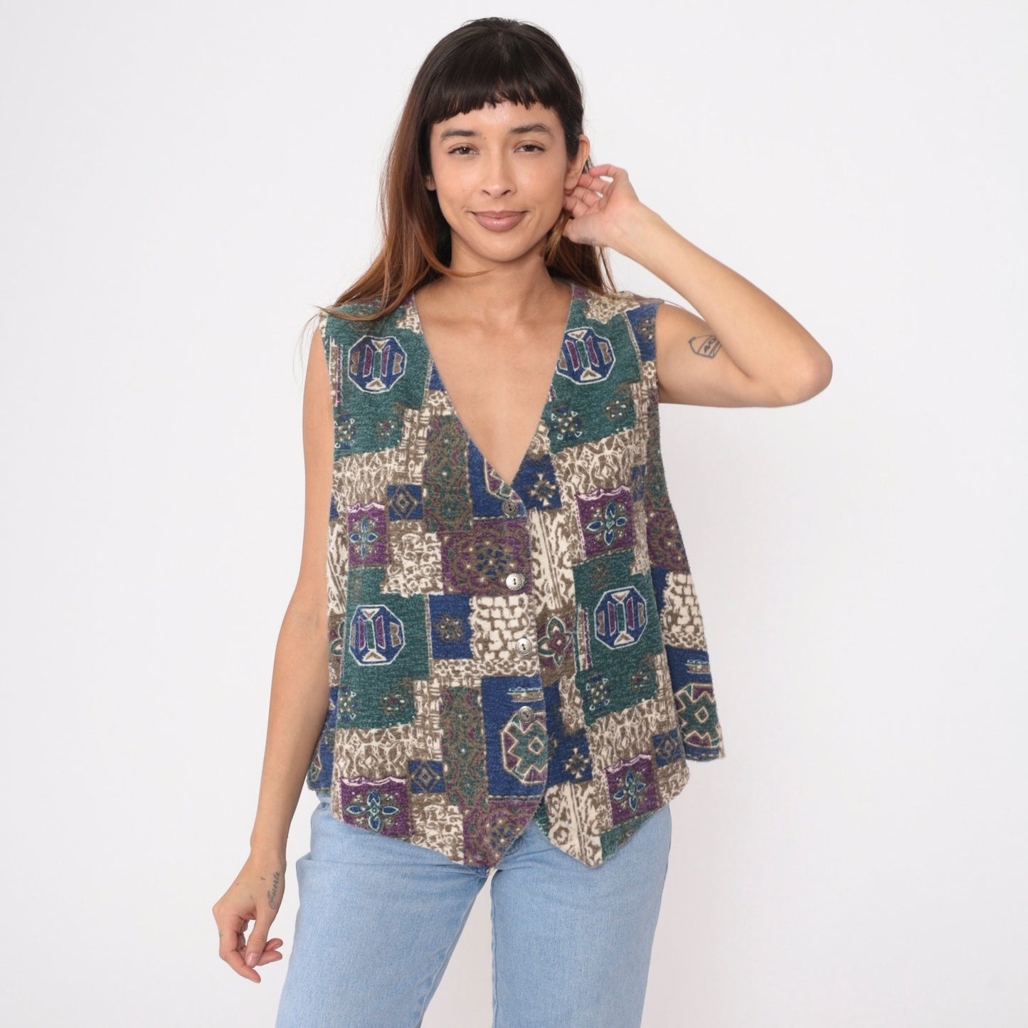 90s Southwestern Patchwork Geometric Button Vest Sleeveless Blue Green Purple Extra Large XXL
