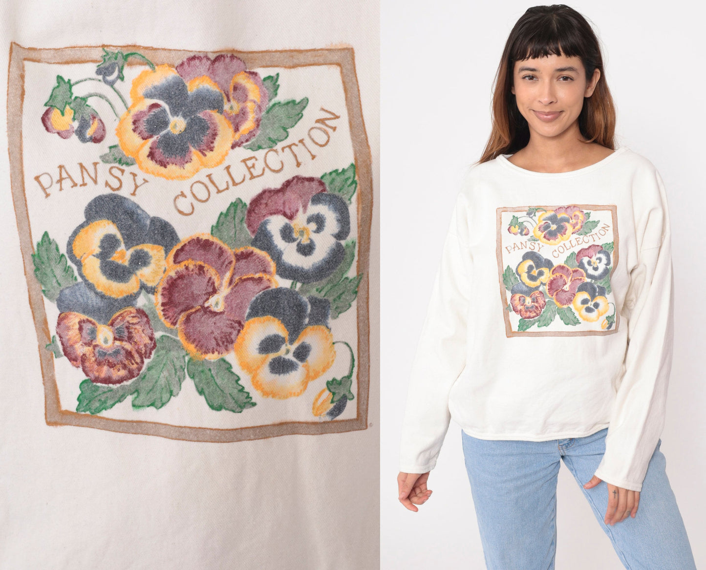 90s Pansy Collection Sweatshirt Cream Cotton Graphic Pullover Medium Large