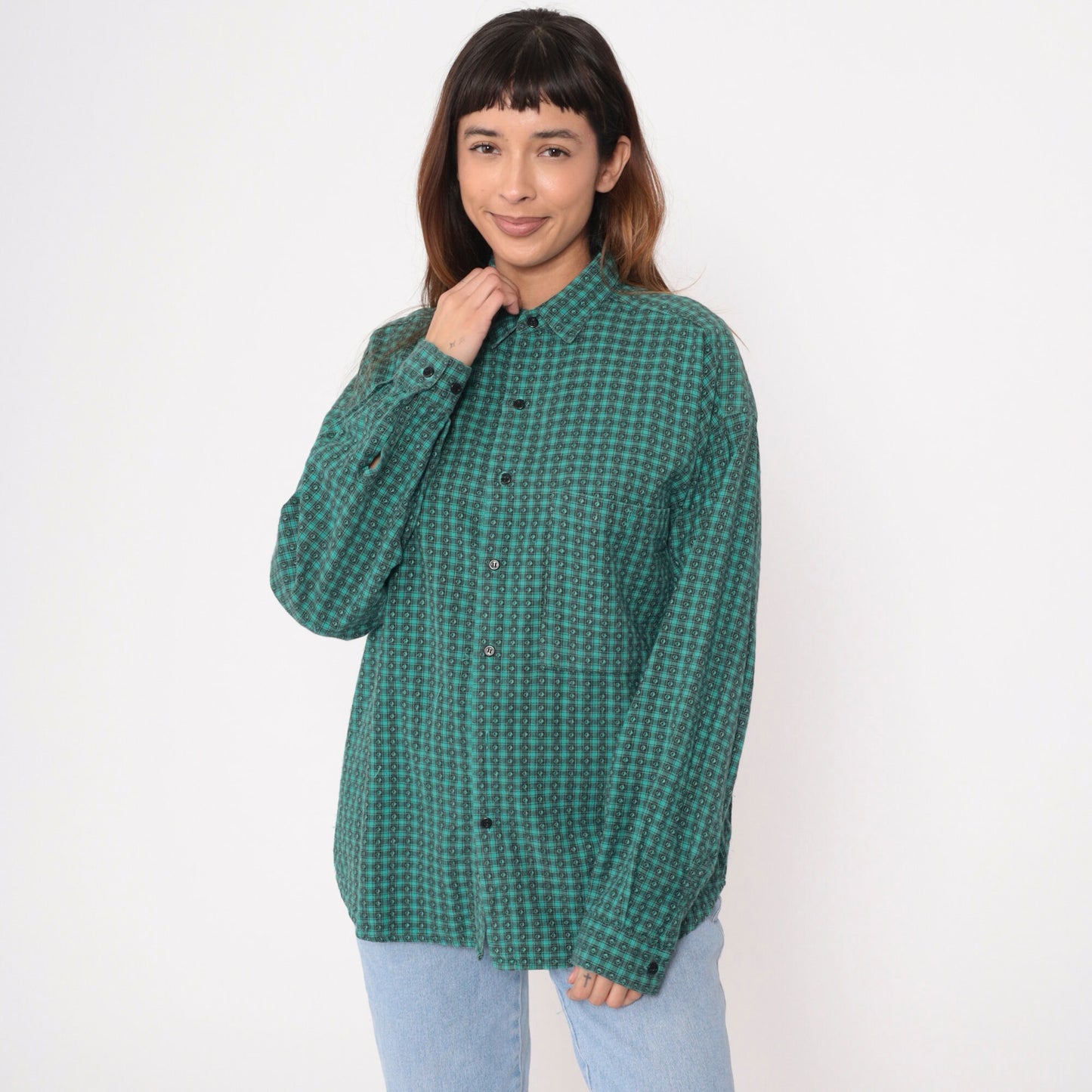 90s Green Black Checkered Button-Up Oxford Shirt Long Sleeve Men's Medium