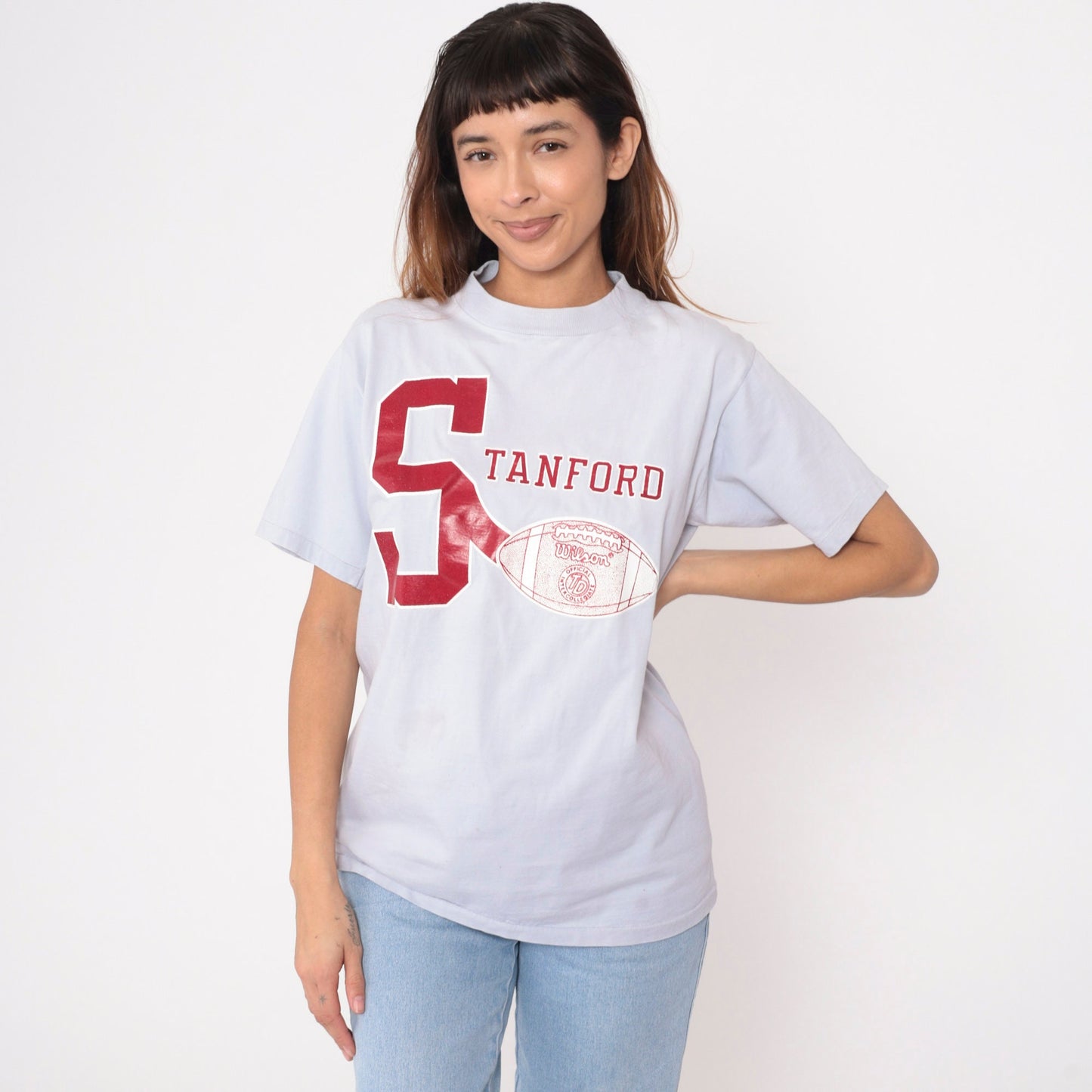 80s Stanford University Football Graphic T-Shirt Blue-Grey Medium