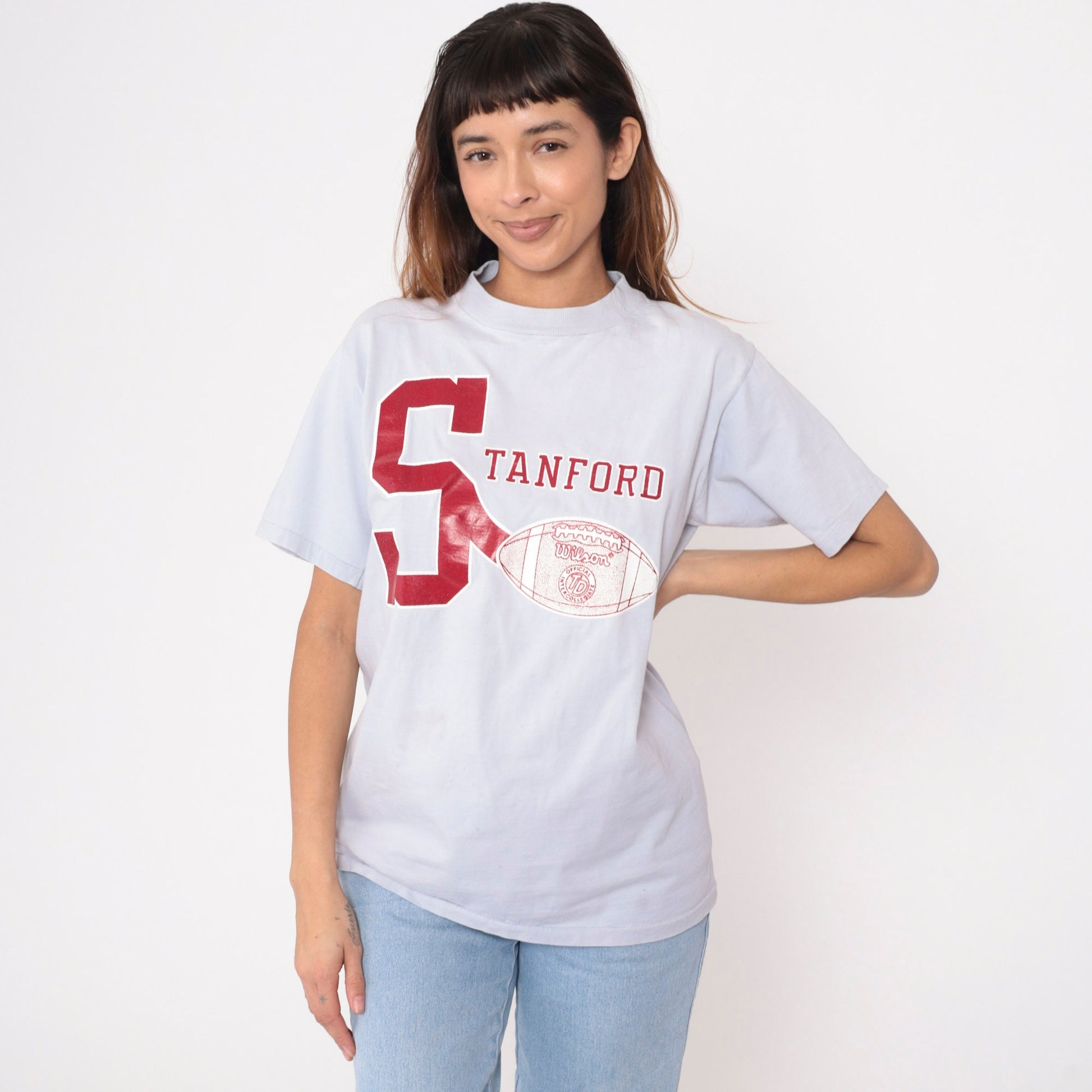 80s Stanford University Football Graphic T-Shirt Blue-Grey Medium