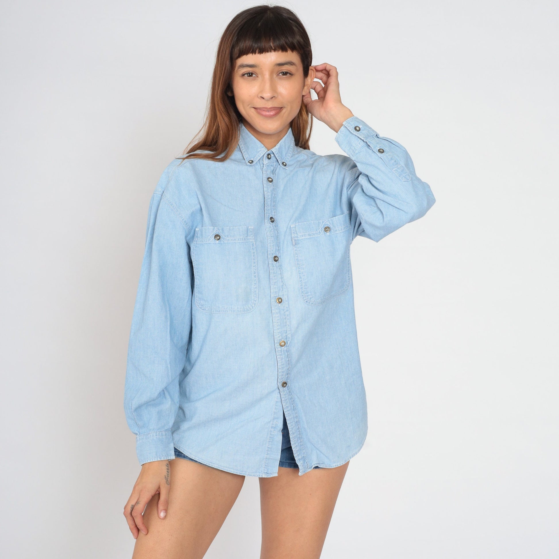 90s Levi's Blue Denim Button-Up Shirt Cotton Long Sleeve Small S