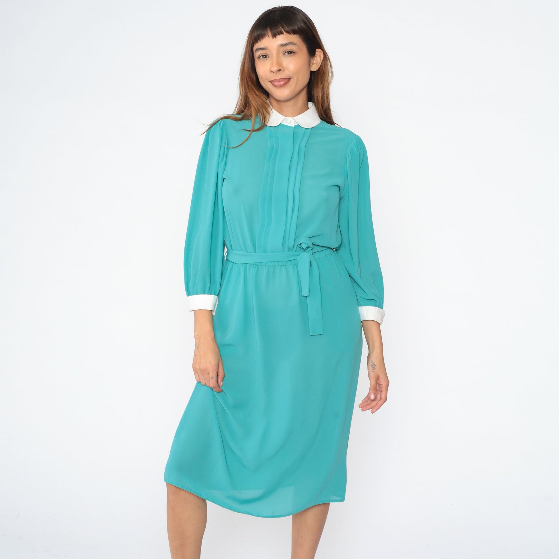 80s Turquoise Midi Dress Peter Pan Collar Puff Sleeve High Waist Small
