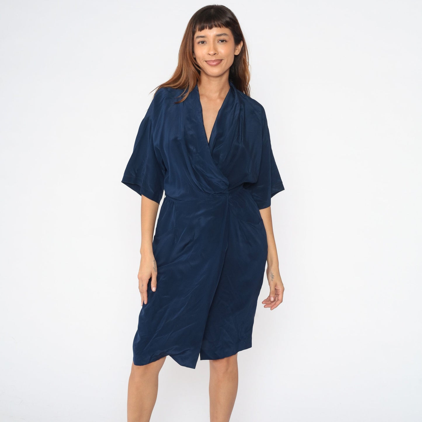90s Navy Silk Wrap Dress Midi V-Neck High Waist Half Sleeve Small