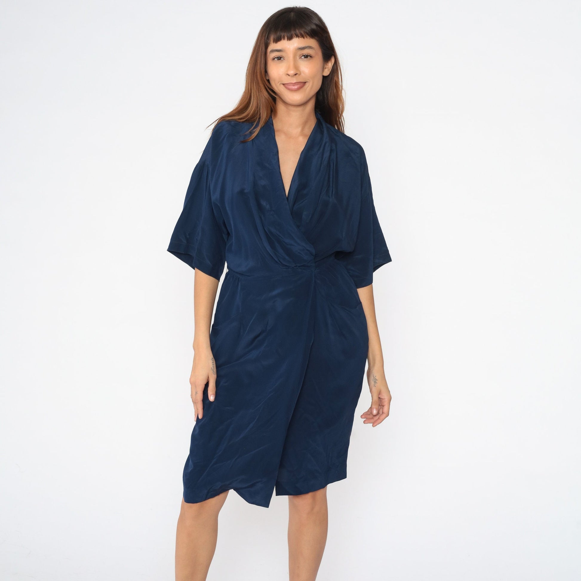 90s Navy Silk Wrap Dress Midi V-Neck High Waist Half Sleeve Small