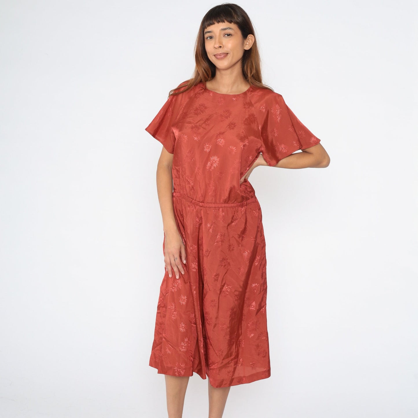 70s Rust Floral Embroidered Midi Dress Elastic Waist Raglan Medium