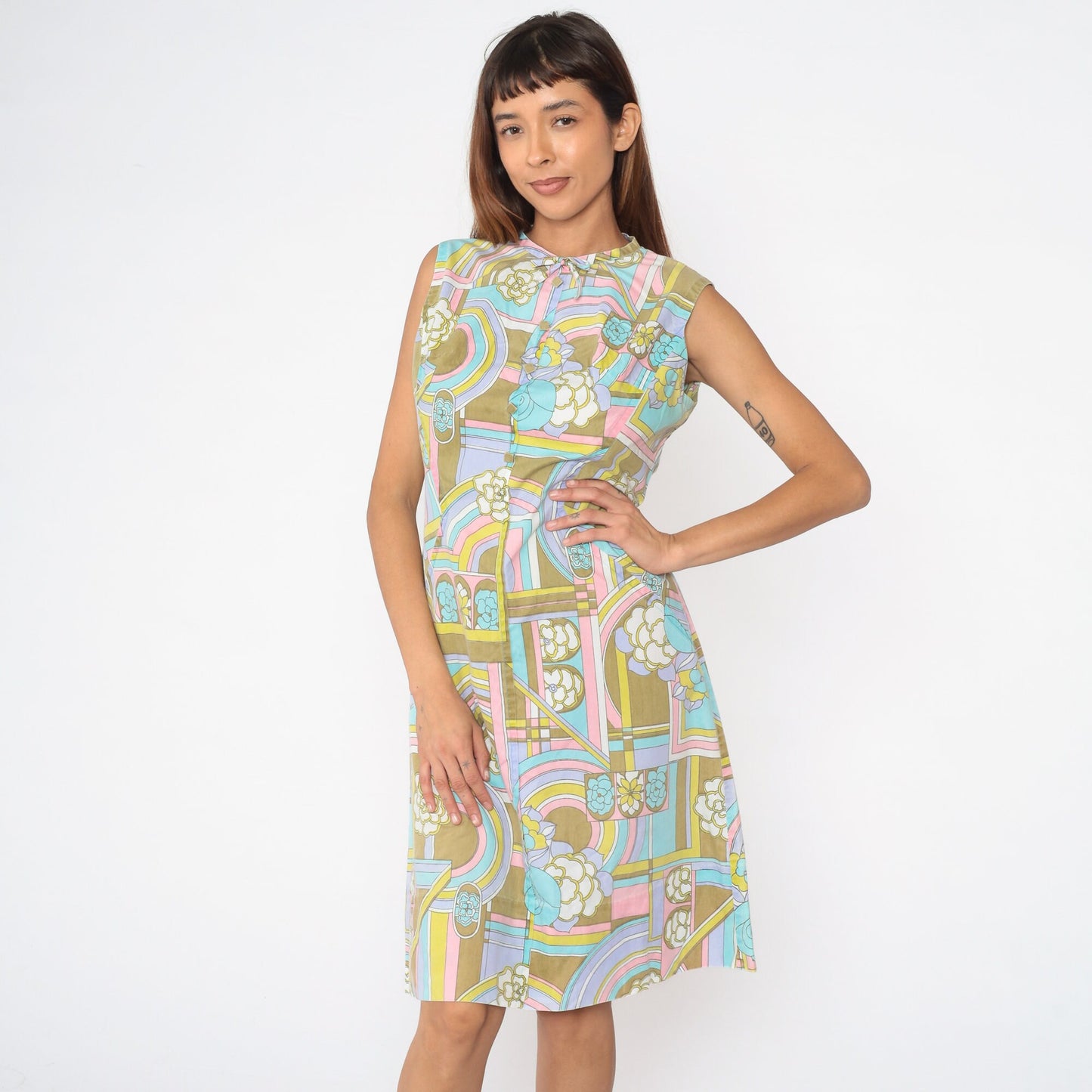 60s Psychedelic Floral Midi Dress Sleeveless Shift Cotton Medium