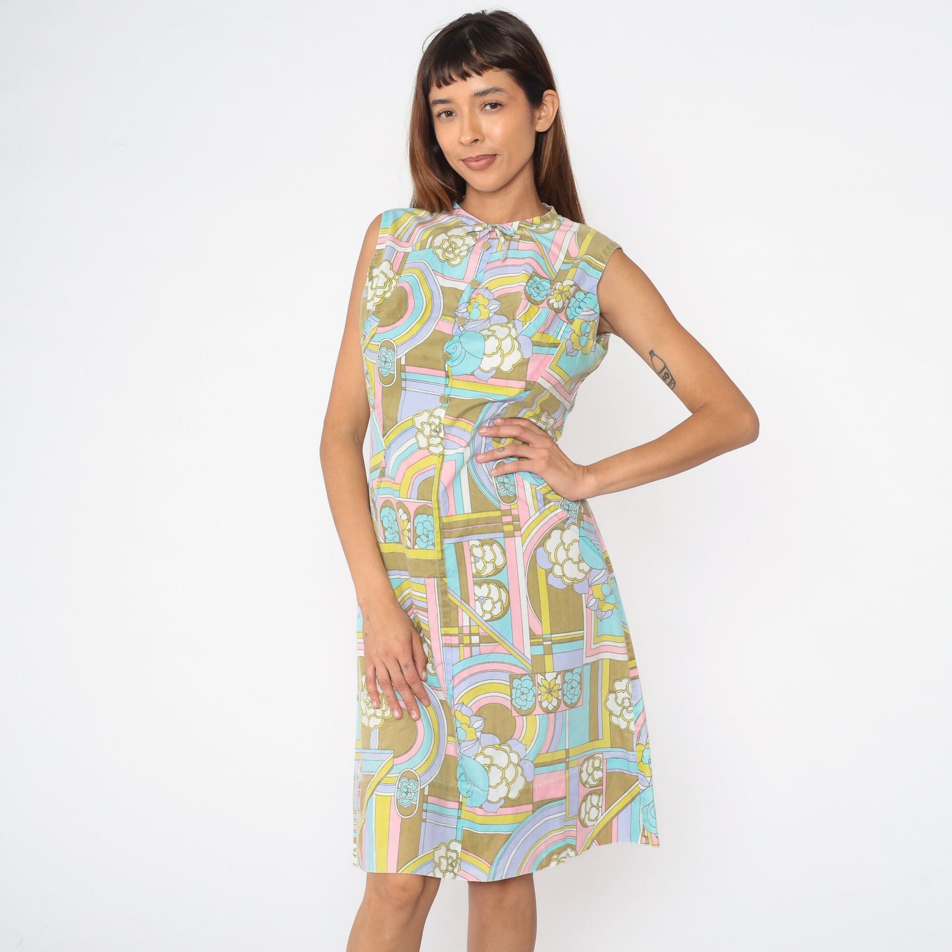 60s Psychedelic Floral Midi Dress Sleeveless Shift Cotton Medium