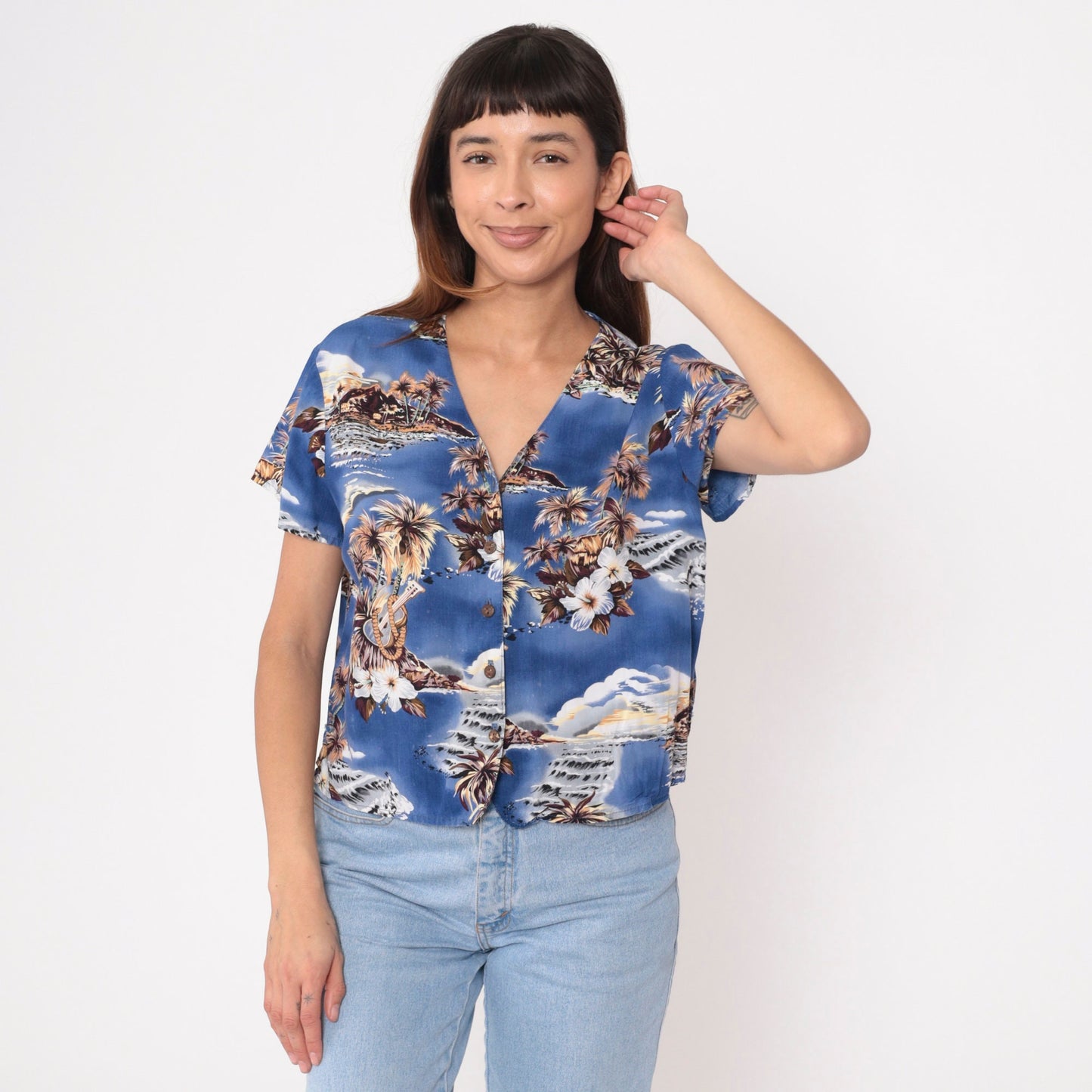 Y2K Ocean Pacific Hawaiian Shirt Blue Tropical Ukulele Print Button Up Extra Large