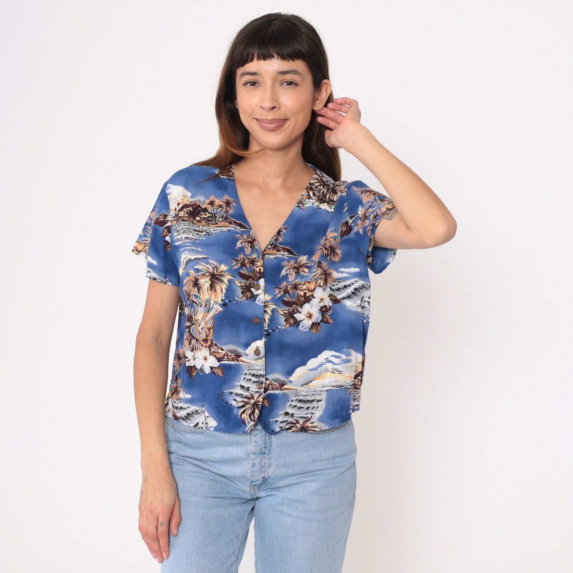 Y2K Ocean Pacific Hawaiian Shirt Blue Tropical Ukulele Print Button Up Extra Large