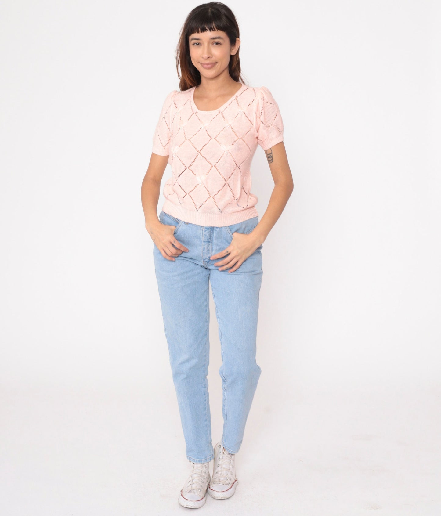 80s Baby Pink Pointelle Knit Top Pearl Beaded Puff Sleeve Cutout Small