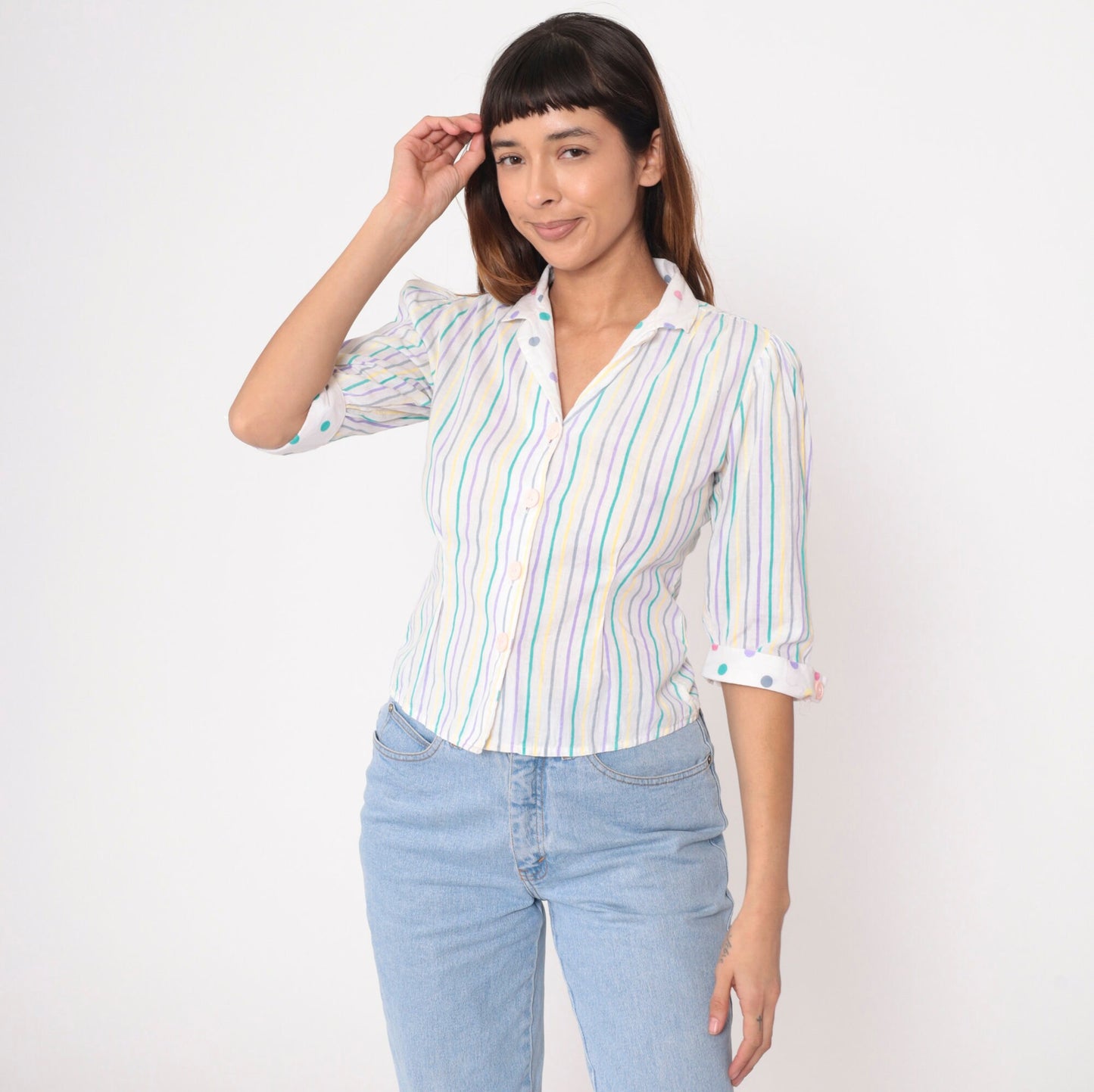 80s Striped Puff Sleeve Blouse White Polka Dot Trim Button Up Collared Top Extra Small