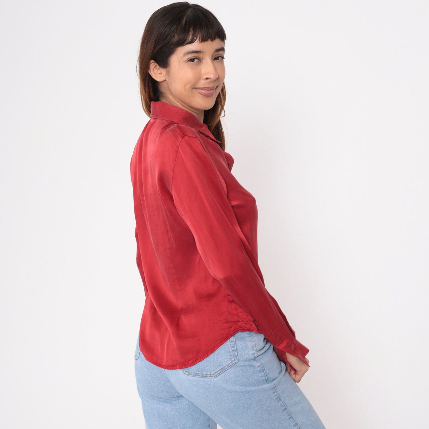 90s Red Silk Button-Up Blouse Long Sleeve Vintage Shirt Small 6