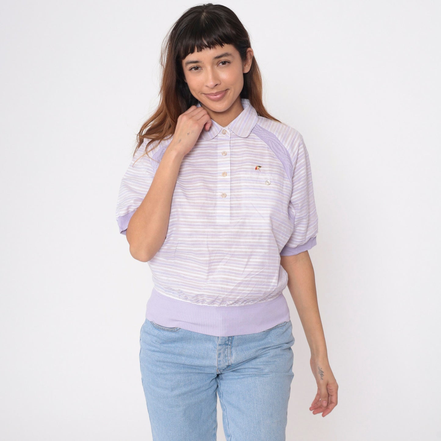 80s Arnold Palmer Striped Polo Shirt Lavender White Collar Short Sleeve Small