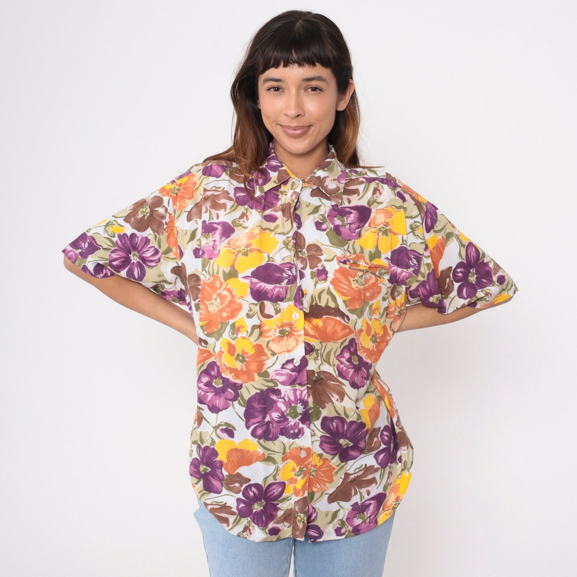 90s Watercolor Floral Rayon Button-Up Blouse Short Sleeve Large L