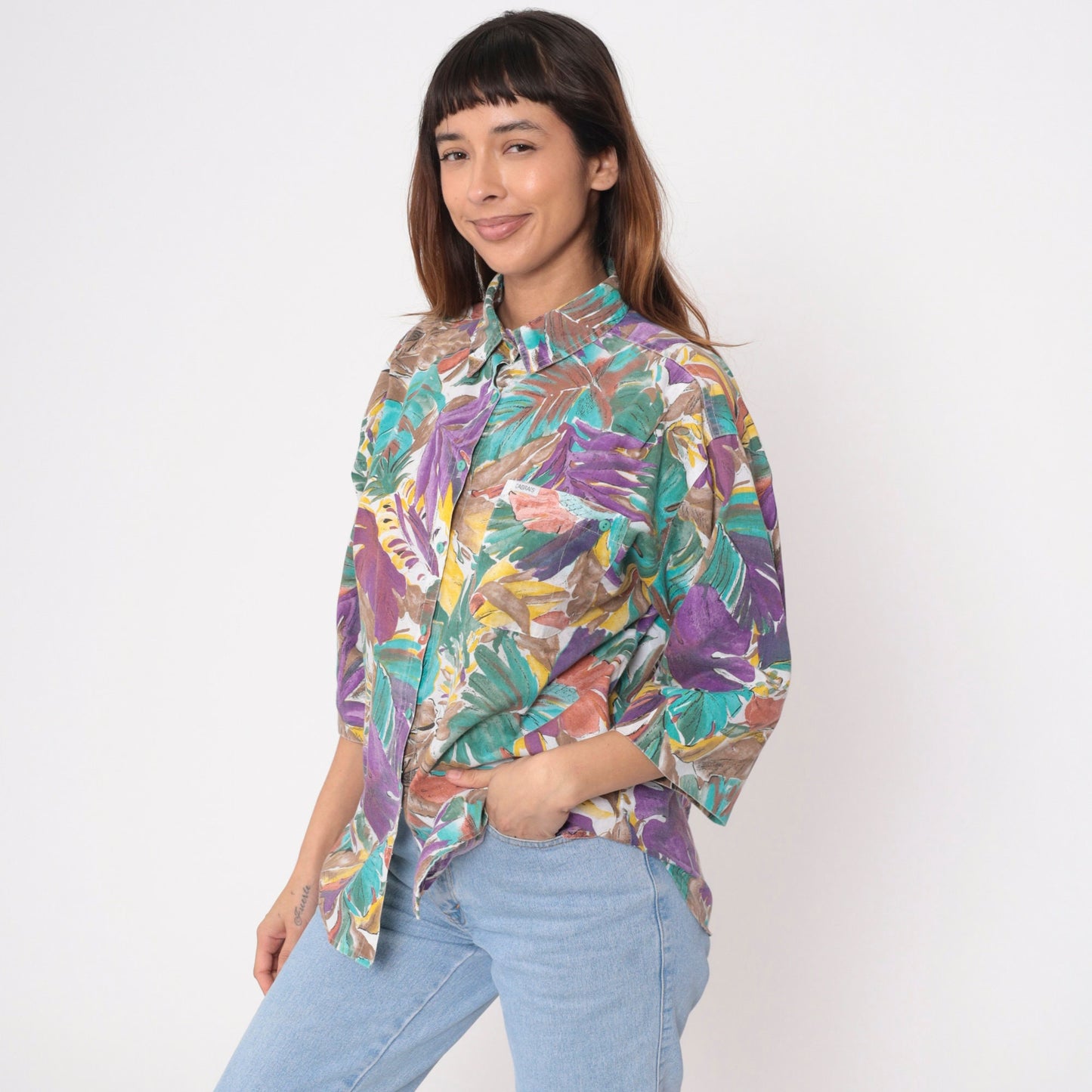 90s Tropical Leaf Print Button-Up Blouse Turquoise Purple 3/4 Sleeve Large