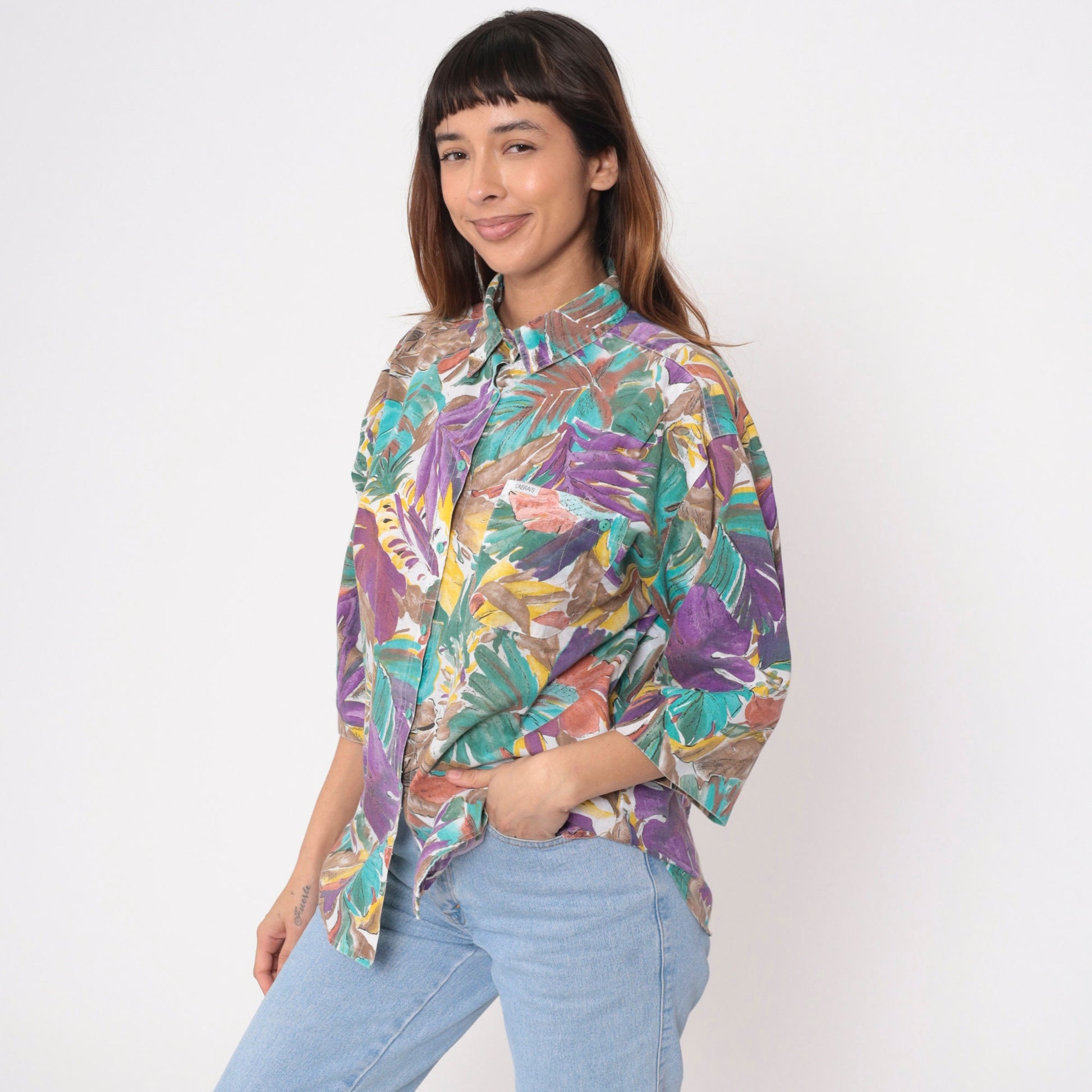 90s Tropical Leaf Print Button-Up Blouse Turquoise Purple 3/4 Sleeve Large