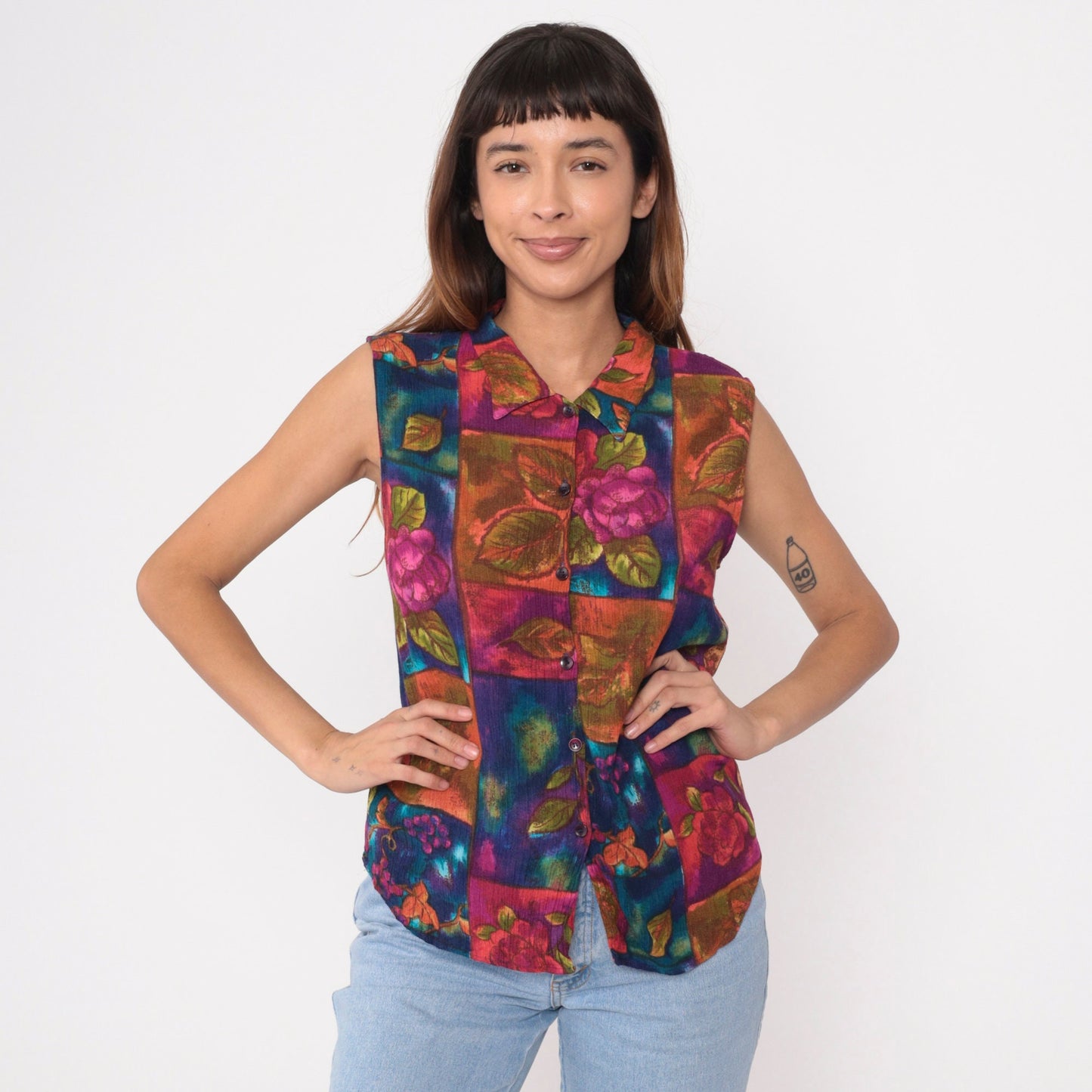 90s Floral Patchwork Button-Up Tank Top Rayon Sleeveless Blouse Medium