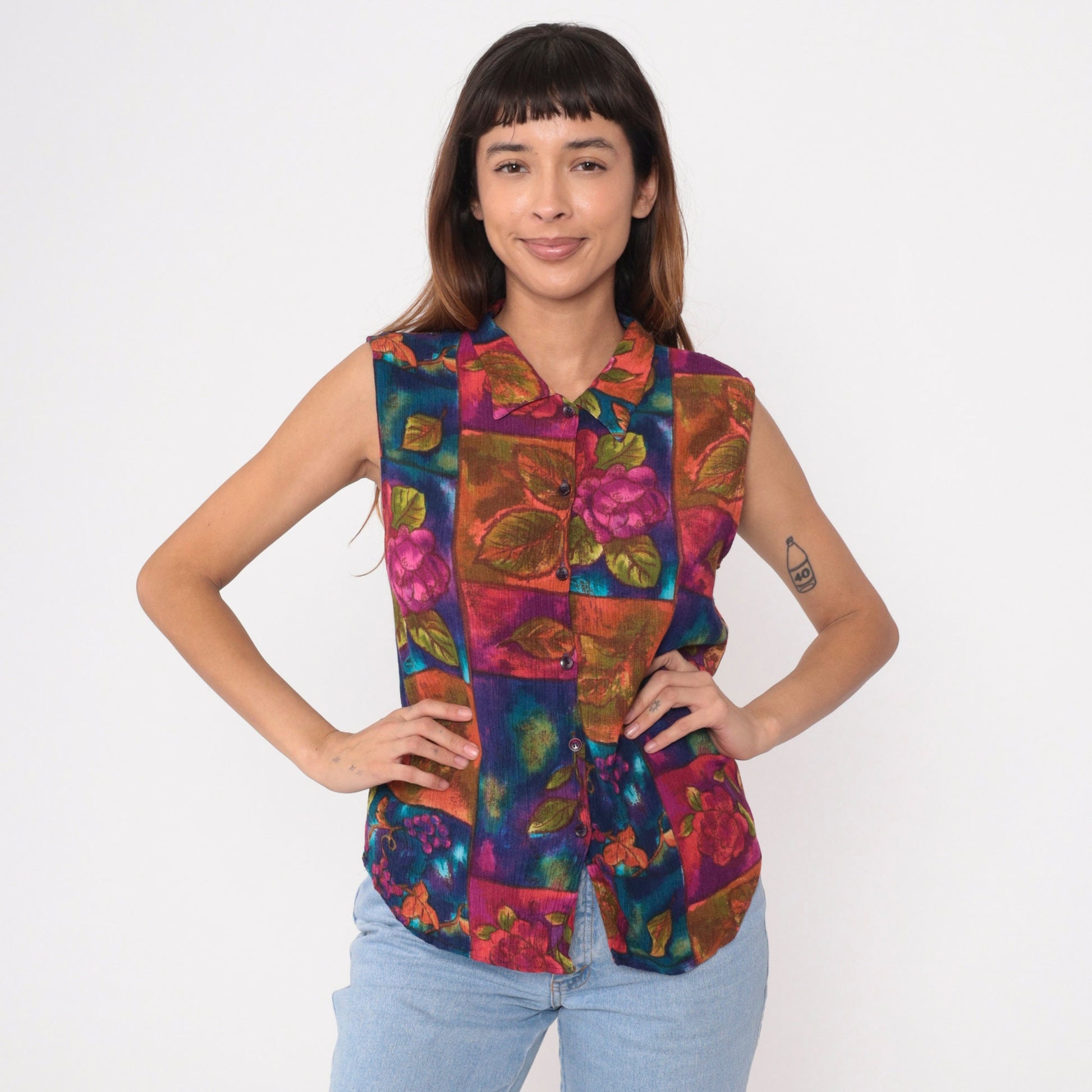 90s Floral Patchwork Button-Up Tank Top Rayon Sleeveless Blouse Medium