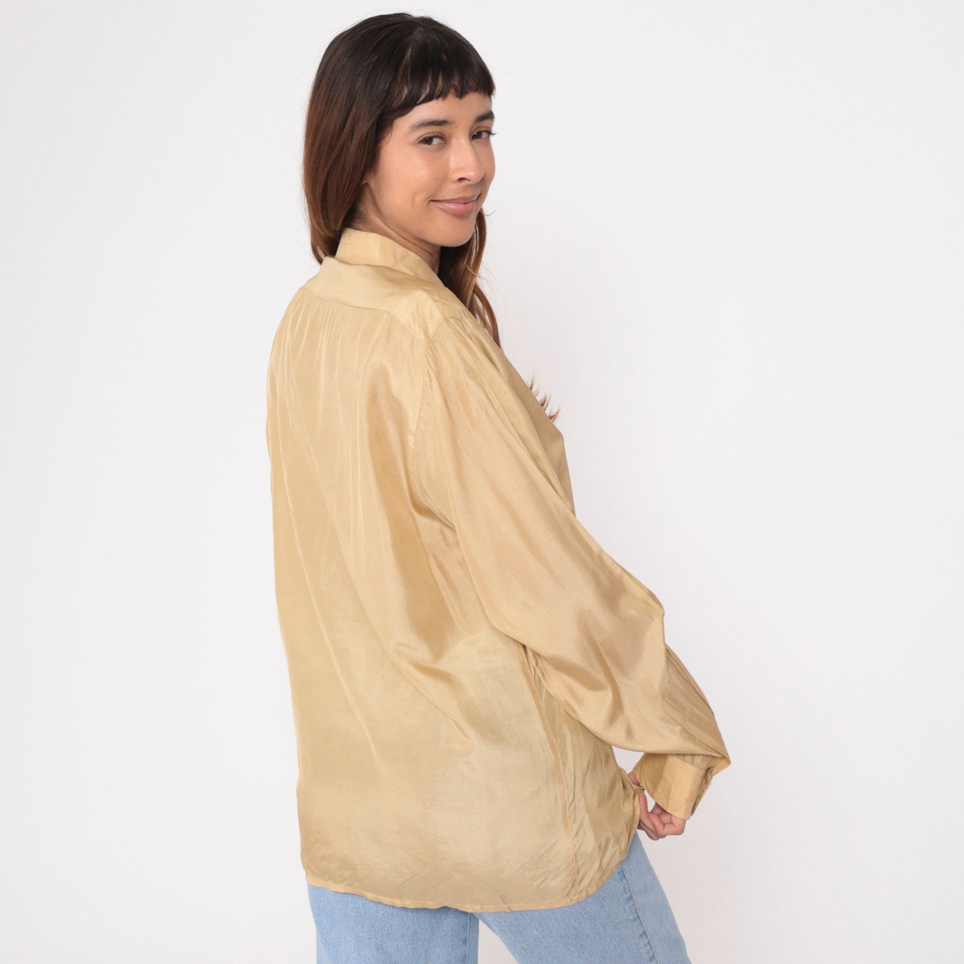 90s Giorgio Armani Silk Button-Up Shirt Muted Yellow Long Sleeve Men's Large
