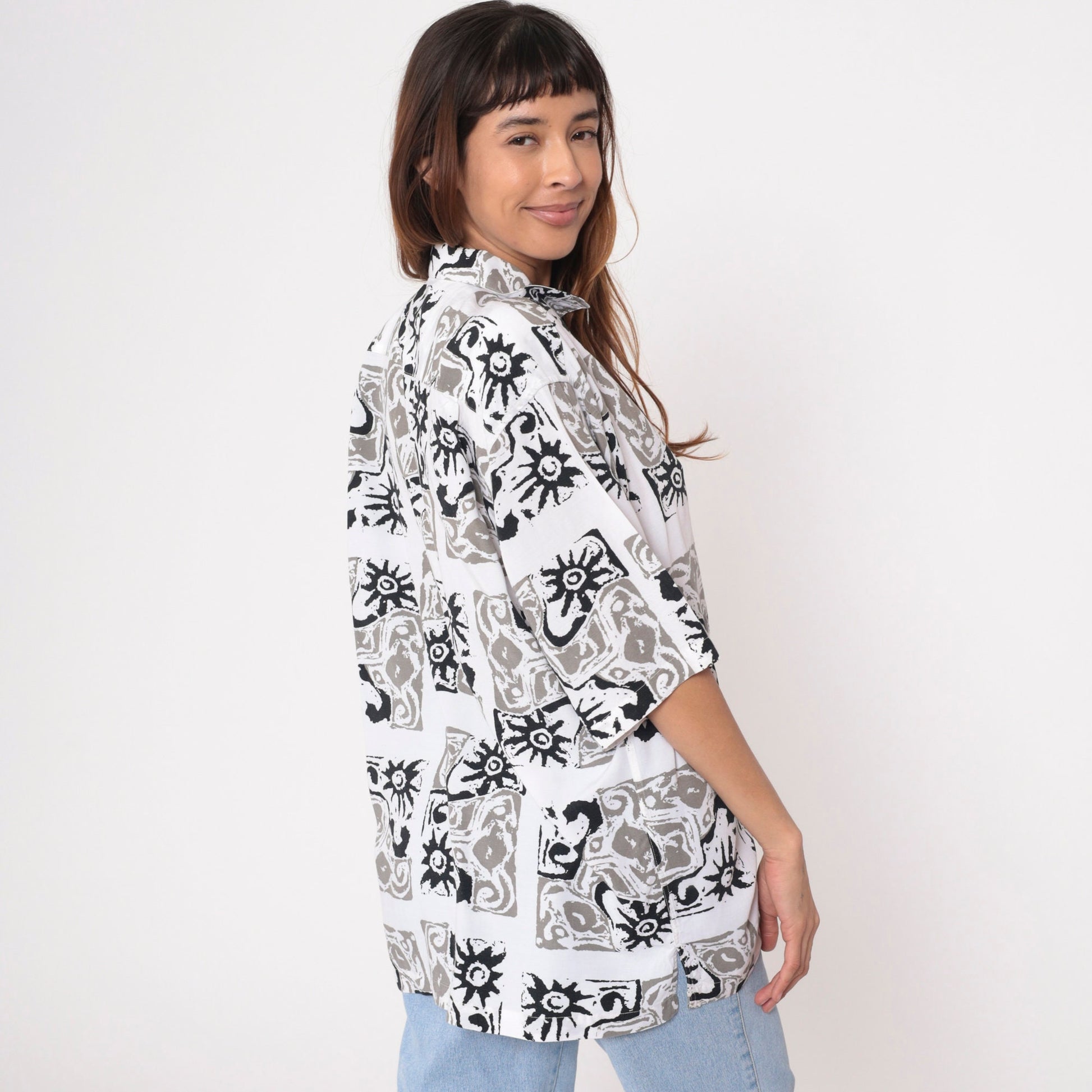 90s Celestial Sun Print Button Up Shirt Black White Geometric Medium