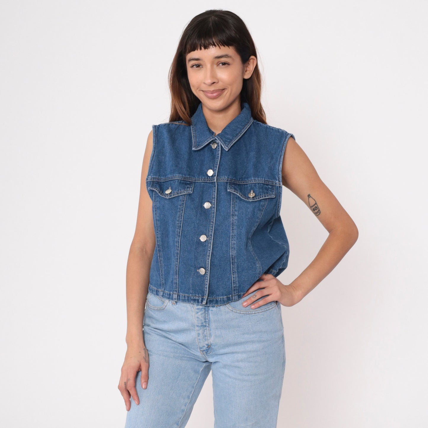 90s Blue Denim Sleeveless Button-Up Shirt Collared Tank Medium