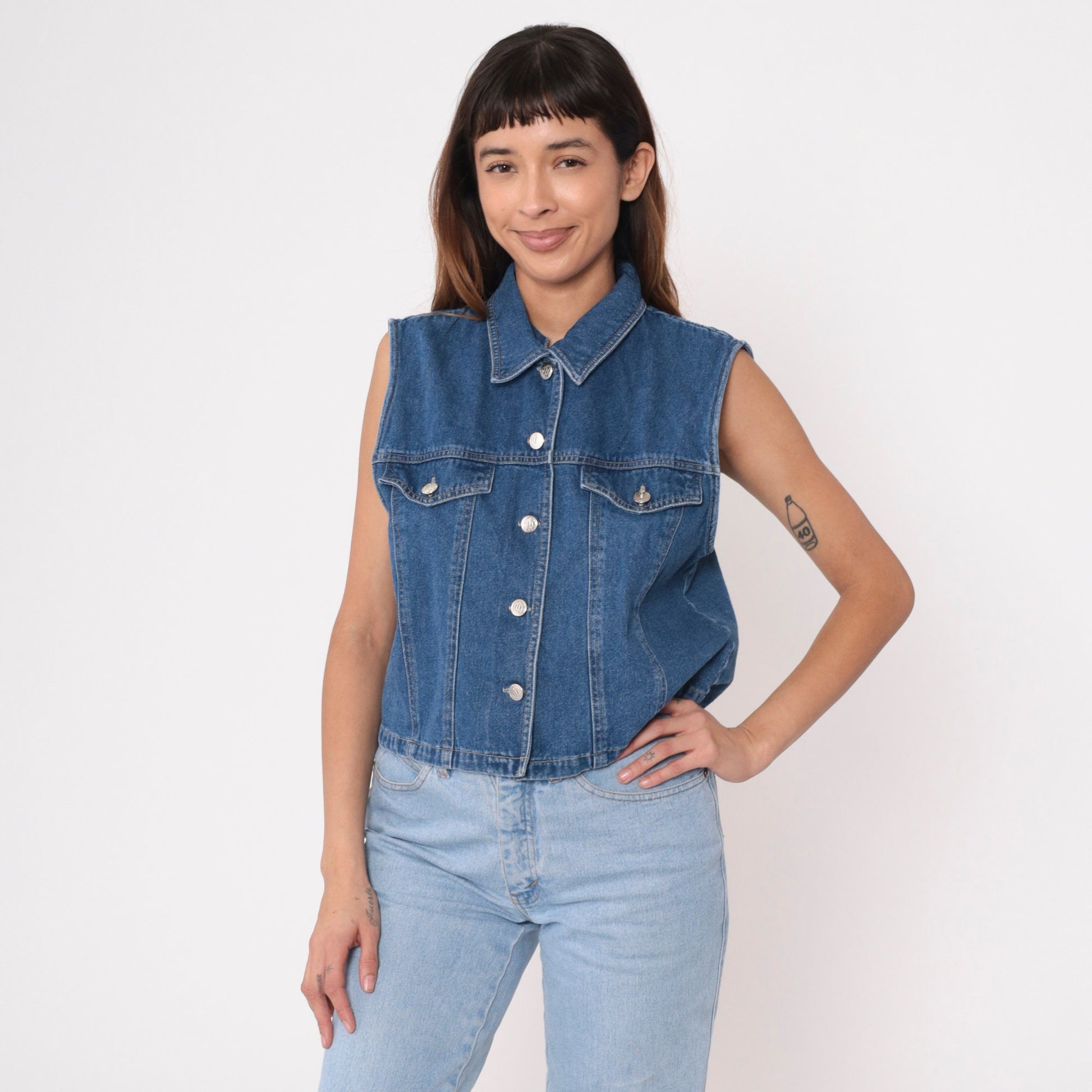 90s Blue Denim Sleeveless Button-Up Shirt Collared Tank Medium