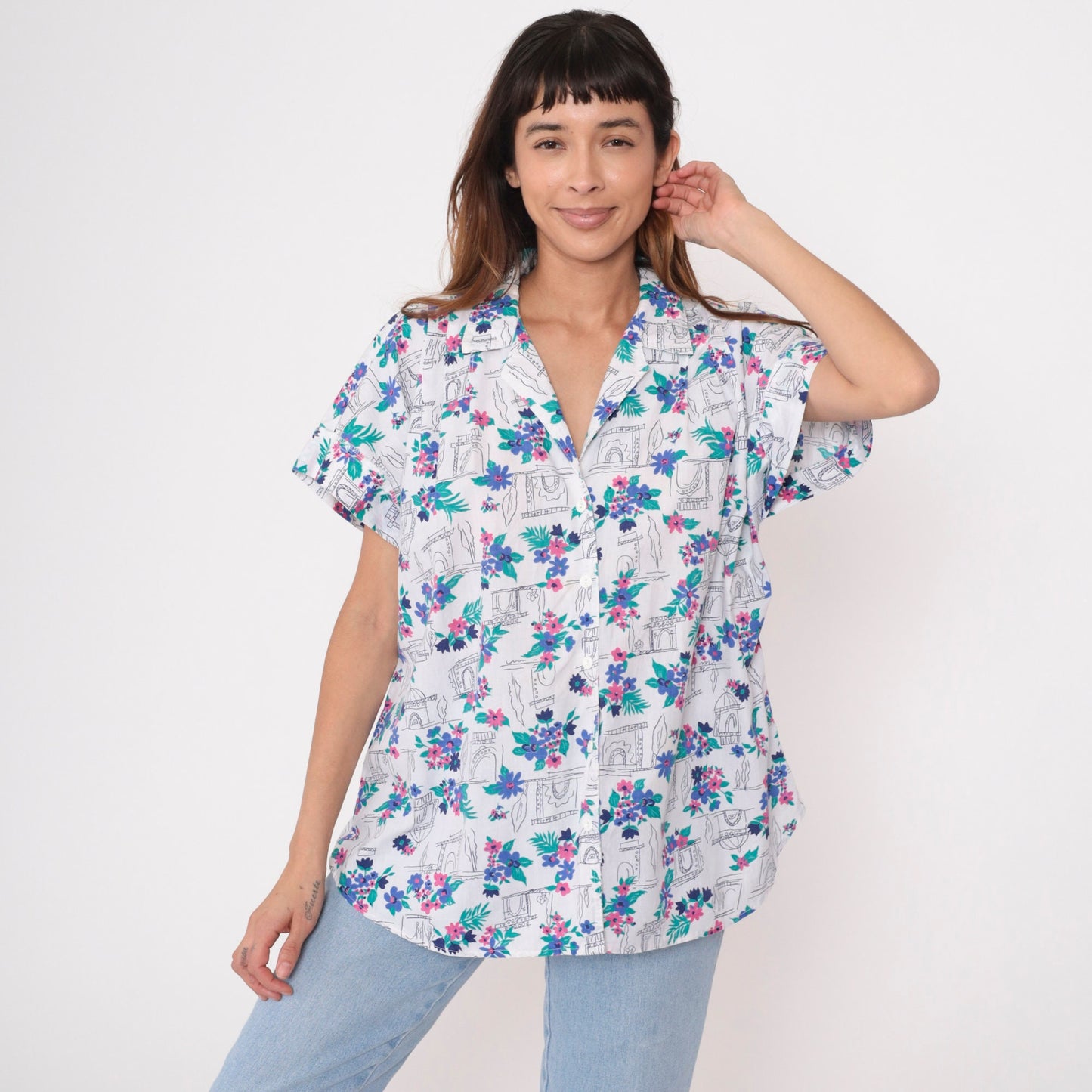 90s White Floral Arch Print Button-Up Blouse Plus Size 18W Short Sleeve