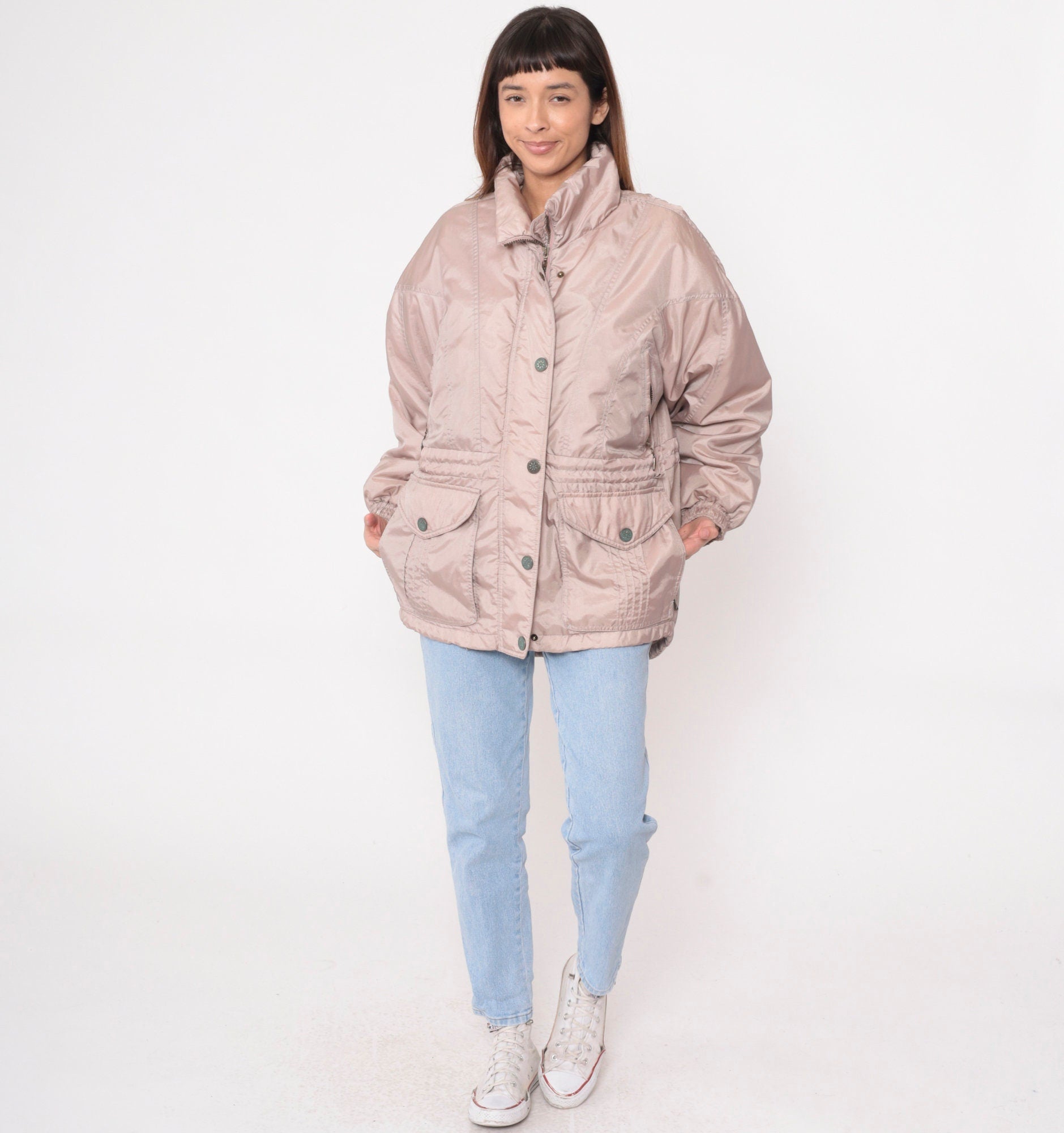 90s Mauve Puffer Ski Jacket Nylon Embroidered Drawstring Waist Large L