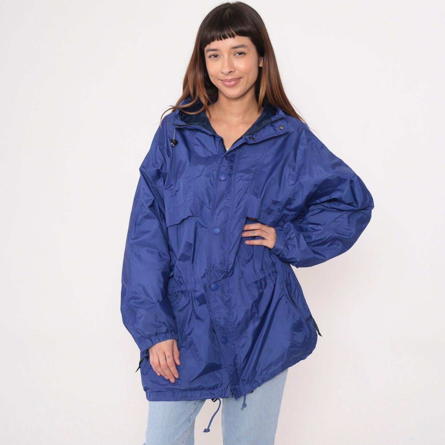 Eddie Bauer 90s Purple Windbreaker Jacket Hooded Nylon Zip Snap Medium