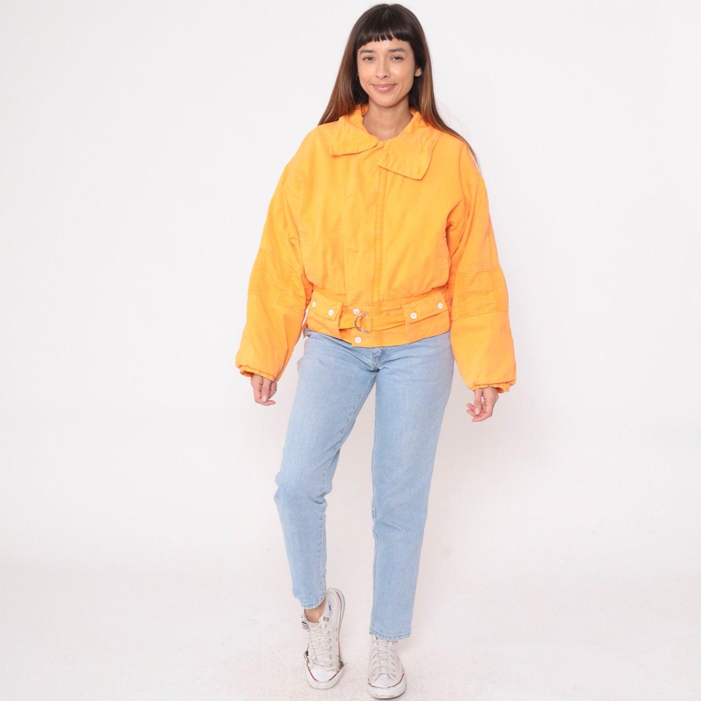 90s Orange Cotton Puffer Jacket Zip Cargo Pockets Small S