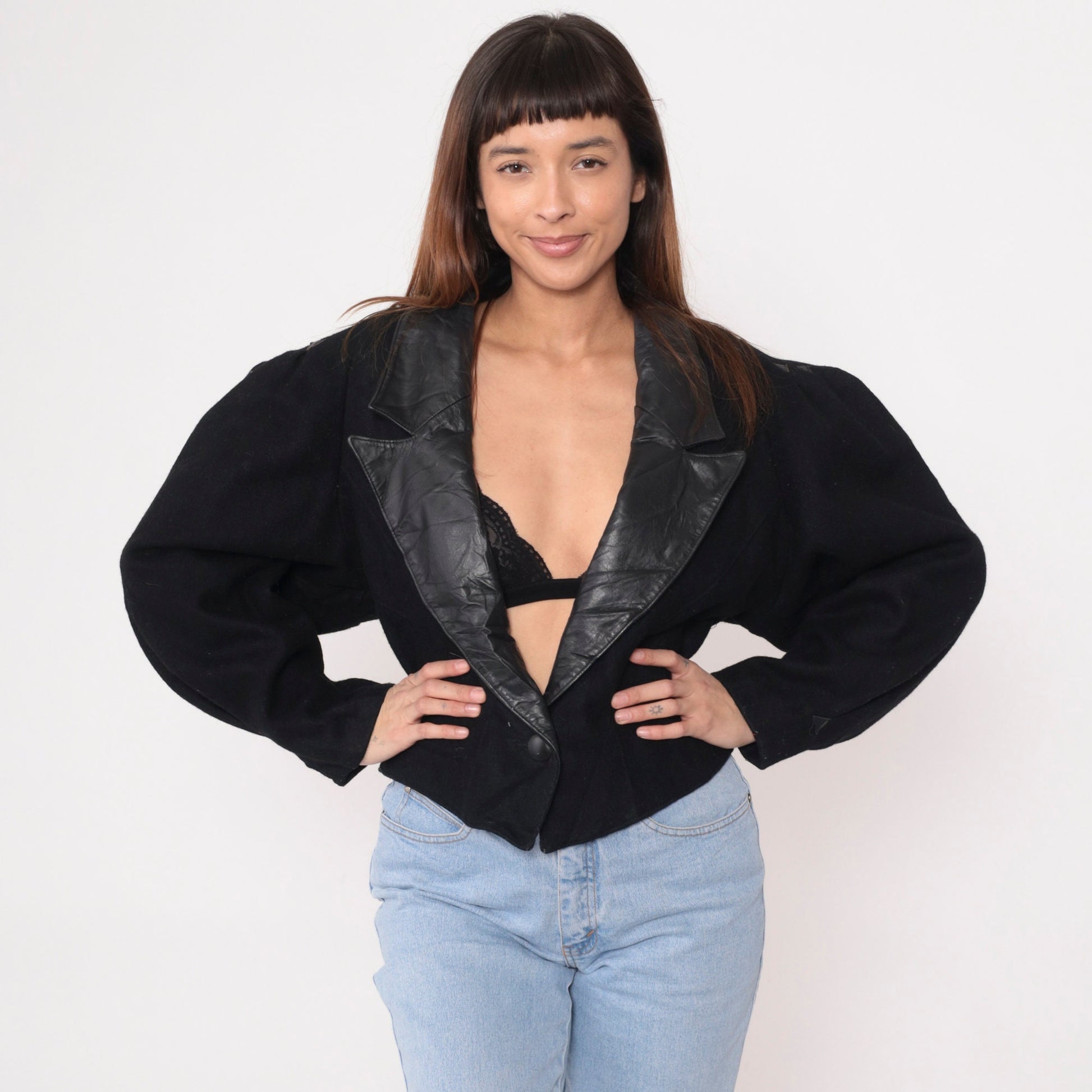 80s Jonathan Stevens Black Wool Blazer Leather Collar Deep V Neck Large L