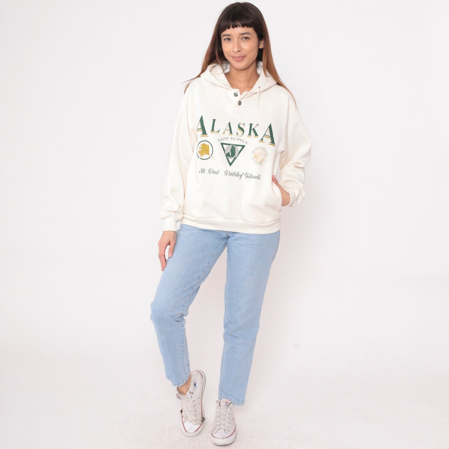 90s St. Paul Island Alaska Hooded Sweatshirt Cream Graphic Medium